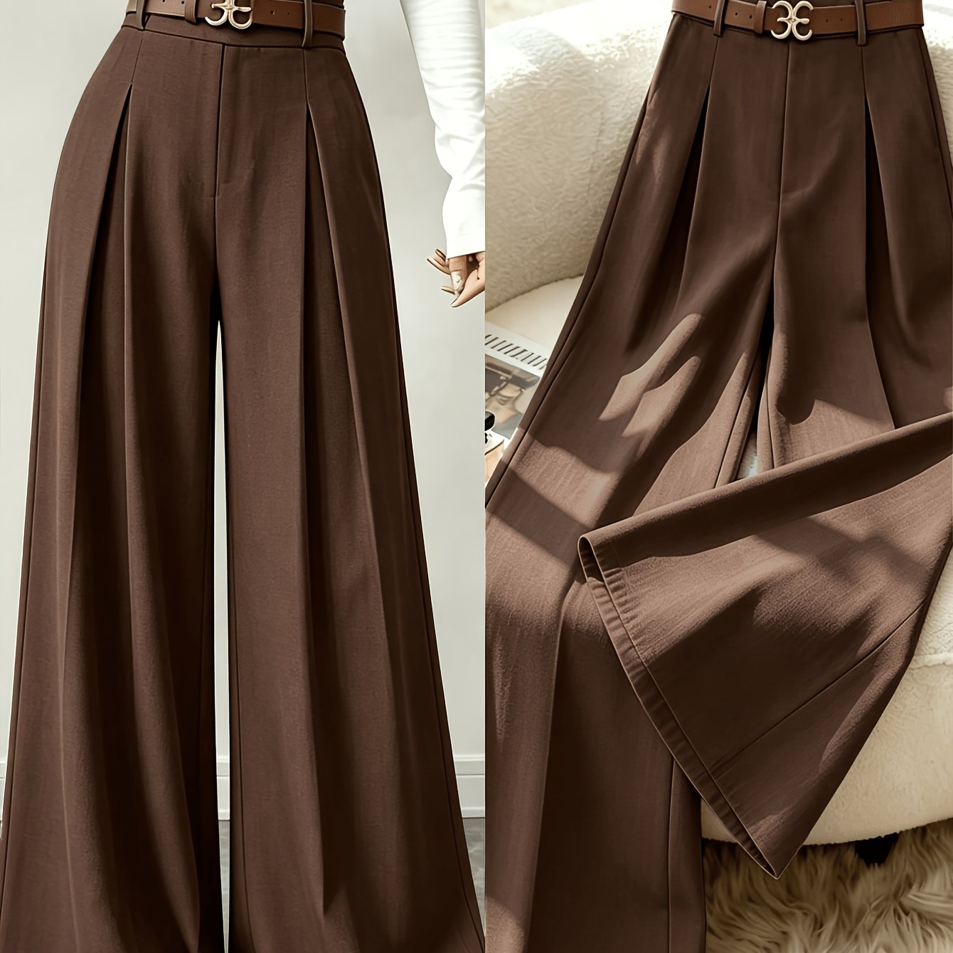 TEMU Elegant Wide-leg Trousers For Pear-shaped Figures, High-waist Straight-leg Pants, Versatile Floor-length Trousers For Spring And Autumn. The