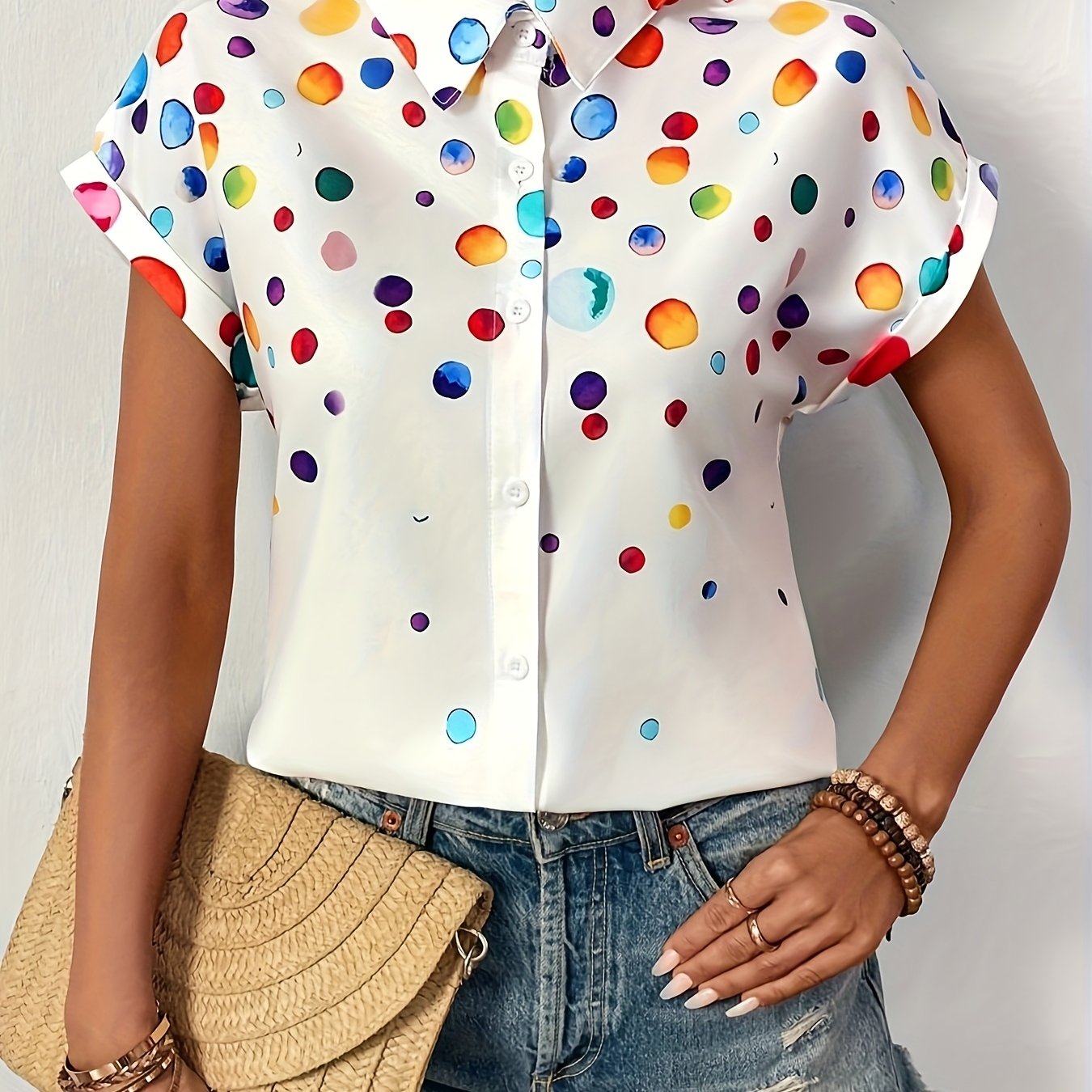 E-shop Farbenfrohe Damenbluse mit Punkten - Elegantes Kurzarmhemd mit Spitzkragen und Knopfleiste, Maschinenwaschbar, Frühling/Sommer Freizeitkleidung