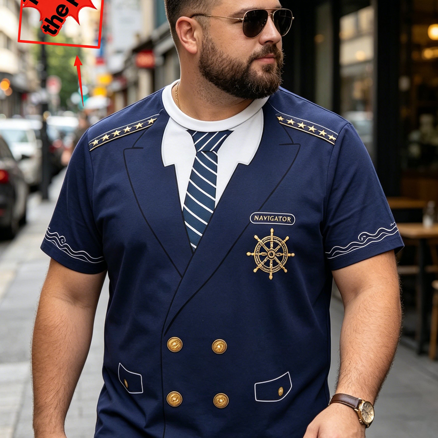 TEMU [printed Design-not Textured] Summer Large-sized Men's Creative Nautical Captain Uniform Print T-shirt, Comfortable And Breathable For Daily