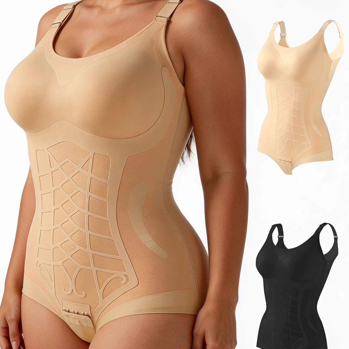 Sharicca Women's 2pcs Bodysuit Tummy Control Lifting Shapewear Suit With Adjustable Strap, Full Coverage Non- Bodysuit For Workout Postpartum, Medium Opaque Bodysuit (hand Washable)