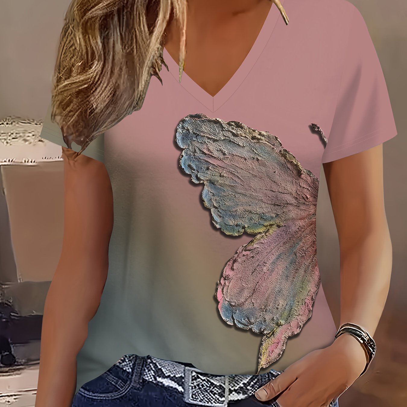 E-shop 2D-Druck Elegantes Fashion Casual Urlaub Abstraktes Gemälde Verlauf Tie-Dye Schmetterling Grafik Vollflächiger Druck Atmungsaktives V-Ausschnitt