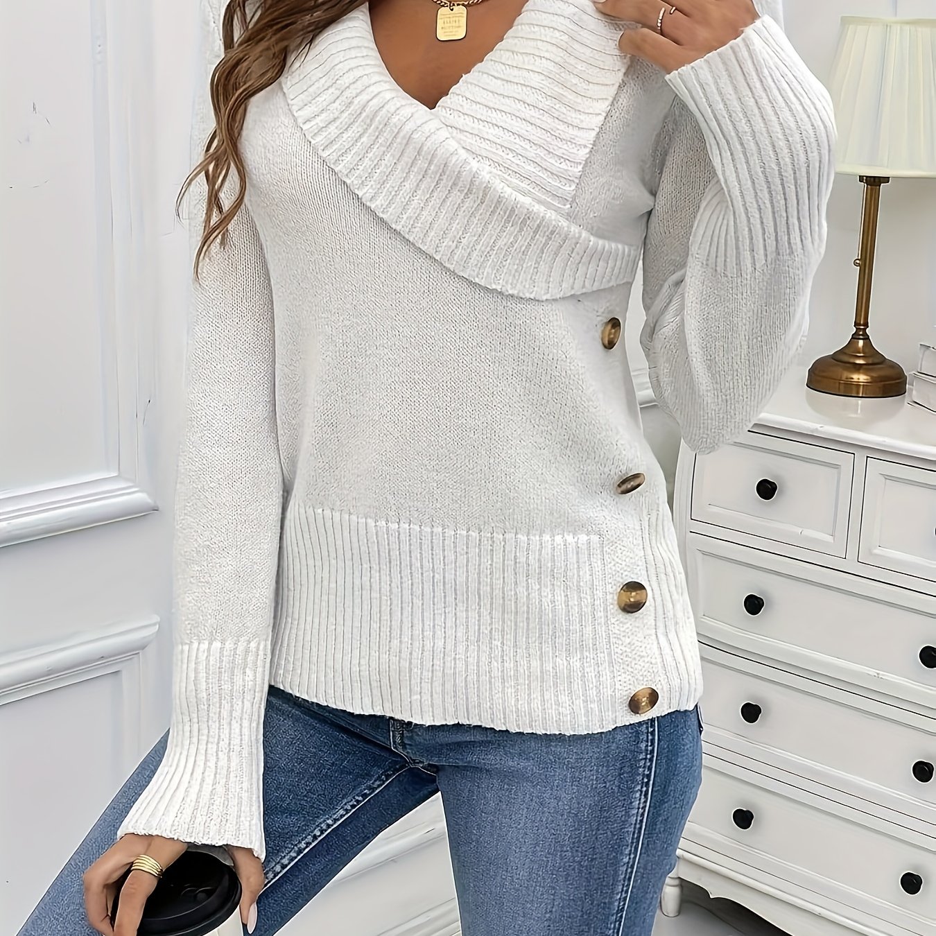 Image of French Cross V-neck Sweater Women's Fall Winter Button Design Loose Long Sleeve Base Layer