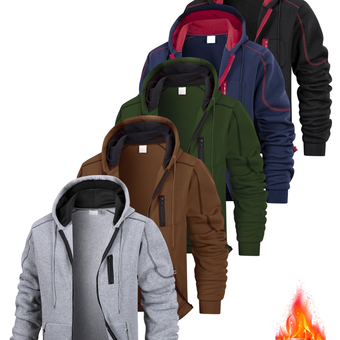 TEMU 5-piece Set, Autumn/winter Men's Hooded Jacket, Heavyweight Full-zip -lined Jacket, Outdoor Work Jacket For Men, Zipper Contrast , Stylish And