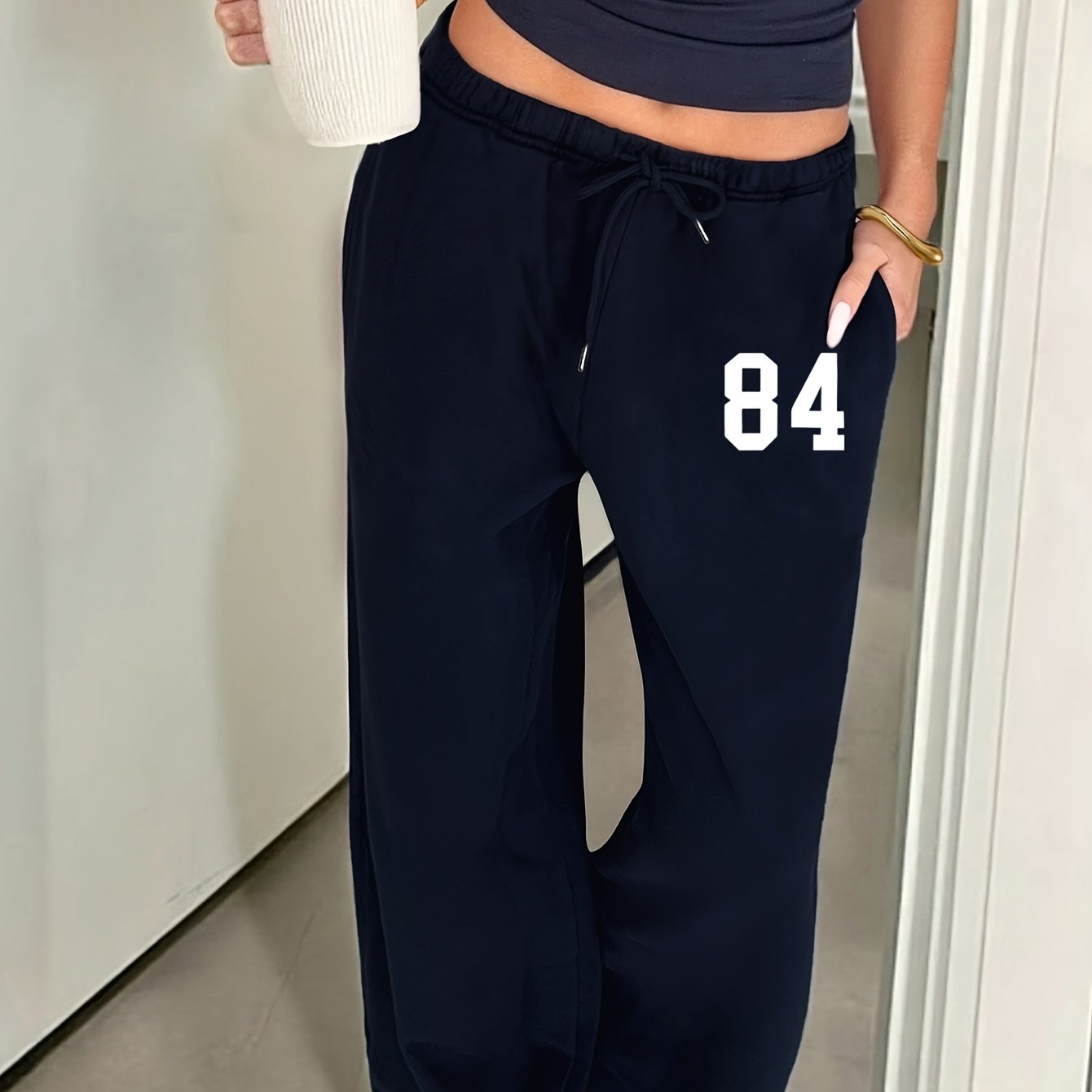 TEMU Women's Casual -lined Sweatpants With Digital 84 Pattern Print, Versatile For Fall/winter
