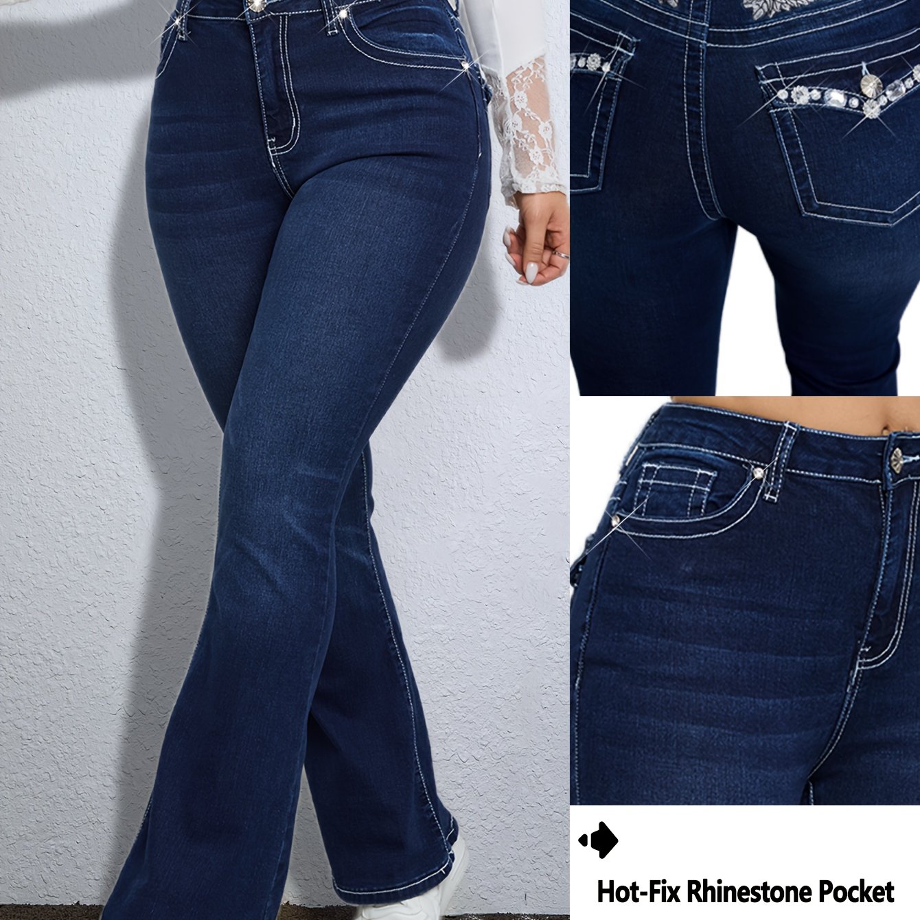 Image of Women's Stretch Fabric Fashionable Elegant Versatile Mid-rise Jeans With Wing Embroidery, Hand-sewn Diamond Detailing, Fitted With Coarse Seam And Washed Flared Design