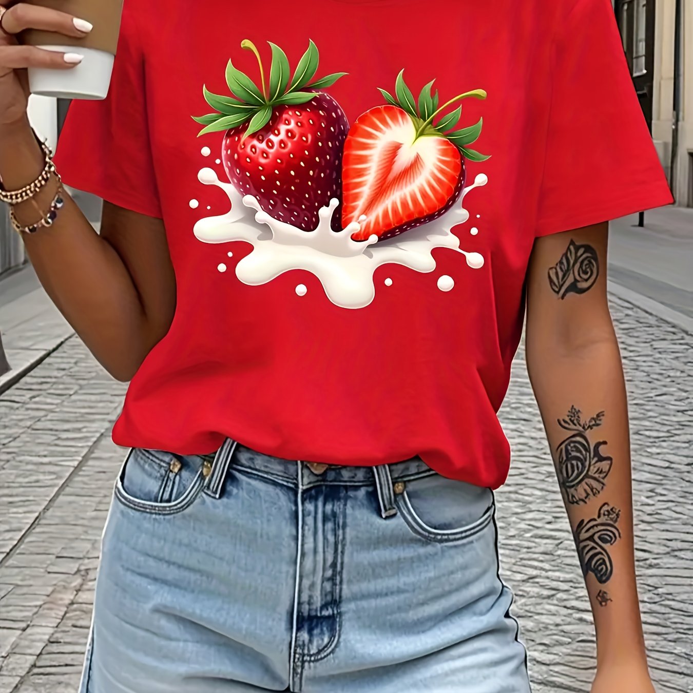 Comfortable Fabric Short Sleeve T-shirt With Ice Cream Pattern | , Crew Neck, , Ideal For Summer
