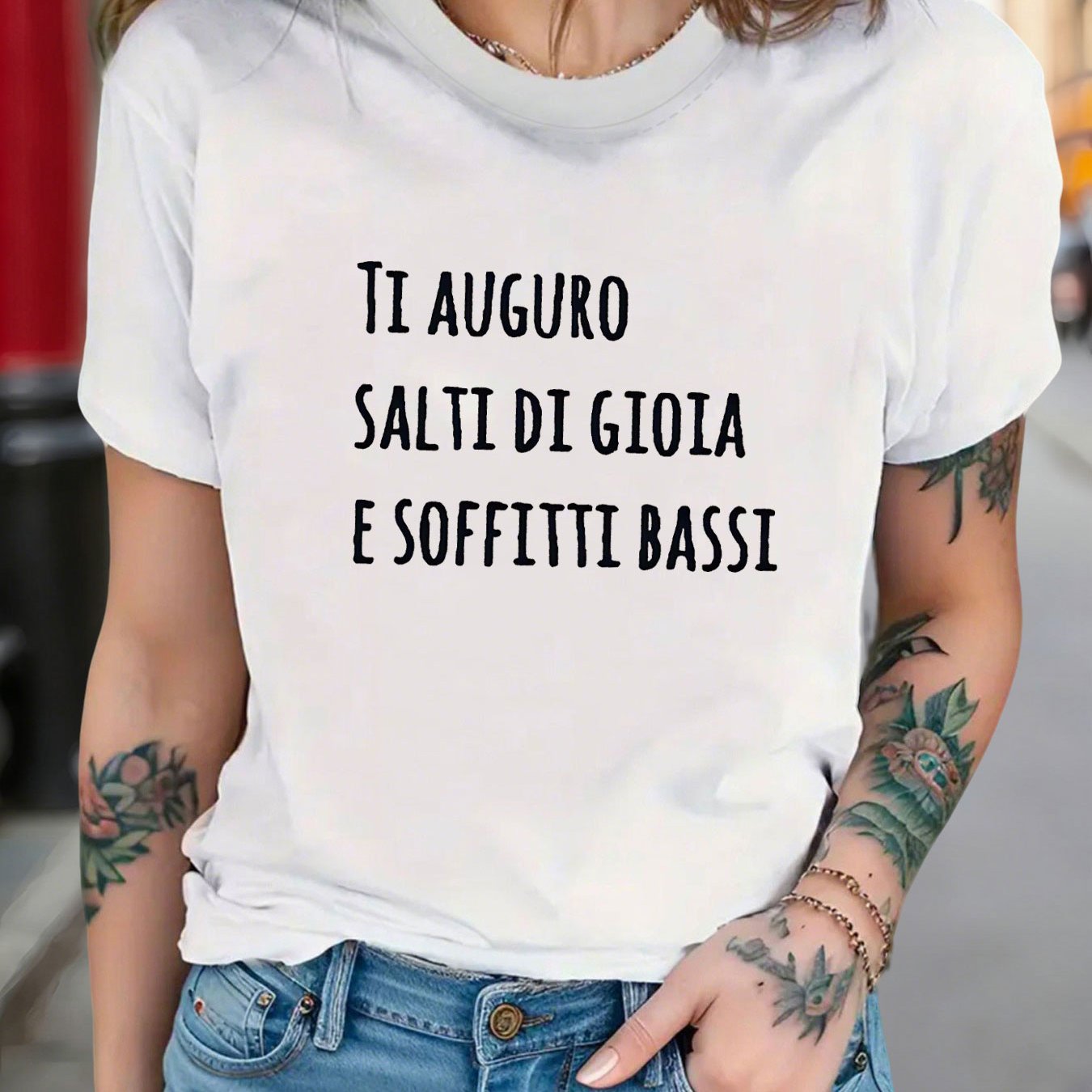TEMU T-shirt da donna con stampa di lettere "Italian of Joy And Low Ceilings", top casual a maniche corte con per estate e , abbigliamento da donna