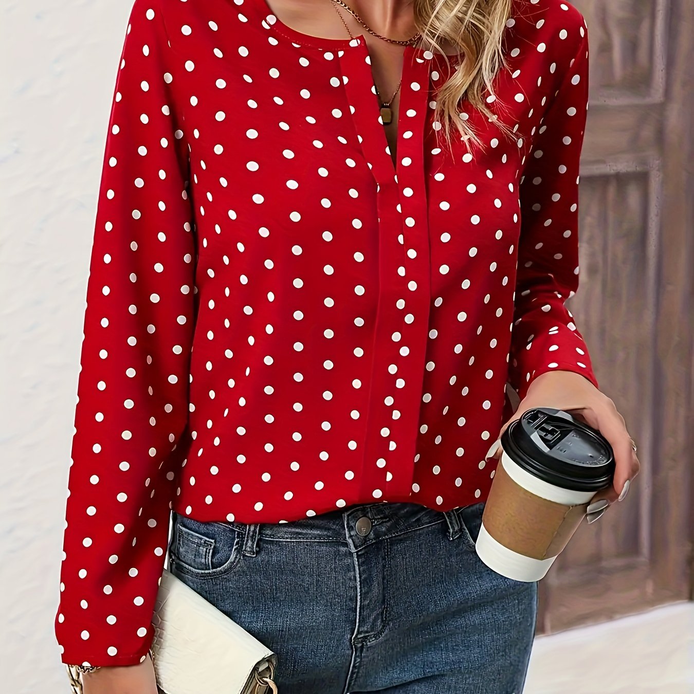 E-shop Elegante, anziehende Bluse mit V-Ausschnitt und Polka-Dot-Print im Frühlings-/Sommer-Stil, elegantes Langarmshirt, Damenbekleidung