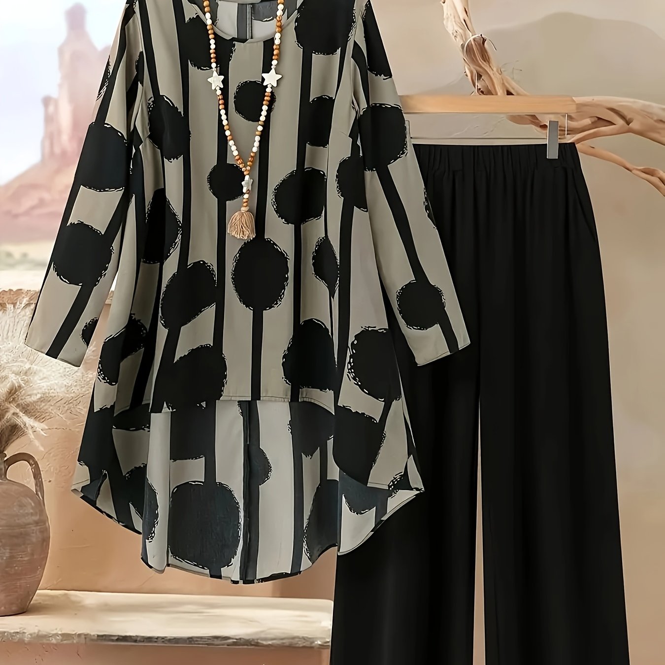 TEMU Women's Fashion Elegant Printed Set, Summer Wardrobe, , Geometric Pattern, Trendy Fashion, Stylish Construction, Quality Stitching, Matching Set, Printed Outfit