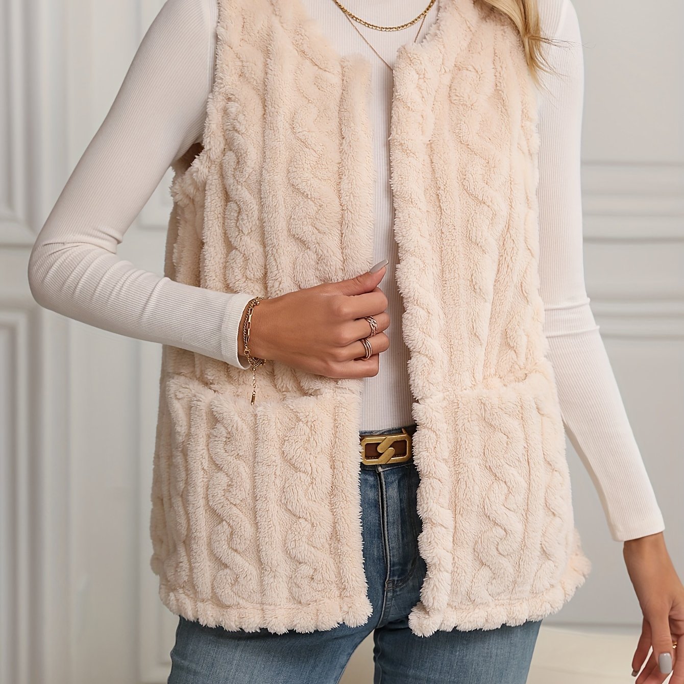 Solid Textured Pockets Teddy Vest Versatile Sleeveless Open - Temu