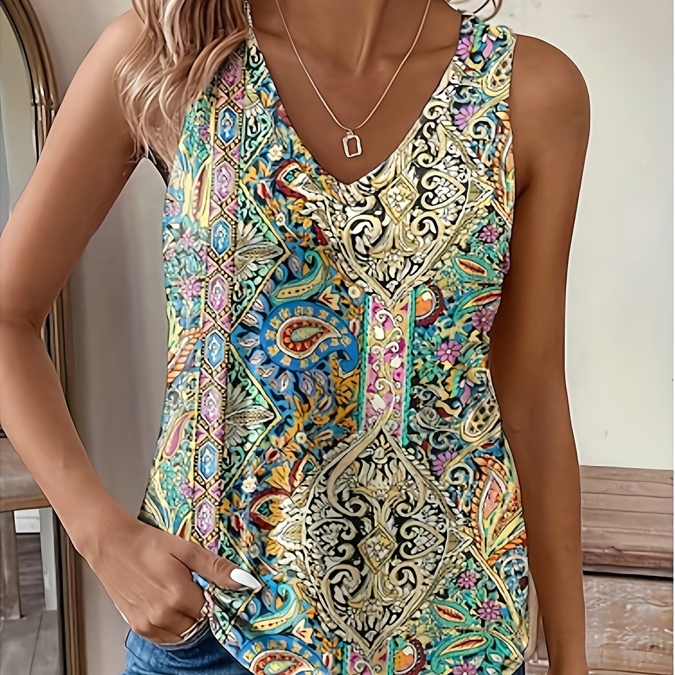 Image of Women's Sleeveless Top Paisley Print V-neck Bohemian Fashion Casual Summer Vest