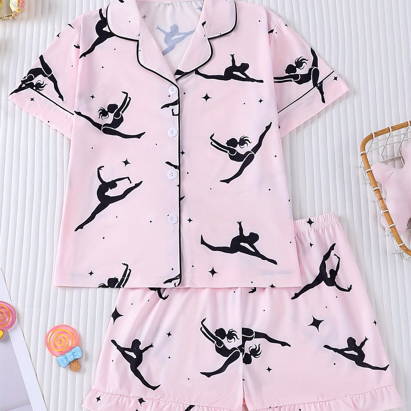 Image of Girls' 2pcs Sleeping Suit With Flame Retardant Short Sleeves, Base, Cartoon Printed Dance For Little Girls, Comfortable Casual Medium And Large's Wear For Parties.