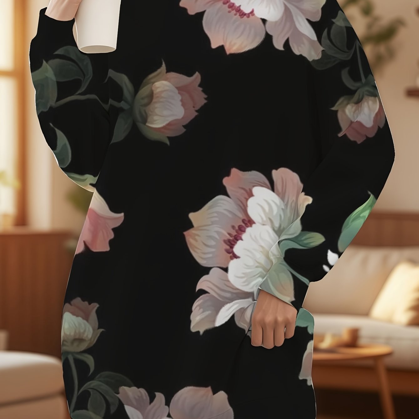Image of Plus Size, New Arrival Women Autumn Neck Long Sleeve Sweatshirt Dress Dark Floral Atmosphere Style Fashion Versatile With Unique Sense Machine Washable Mixed Floral Print Suitable For Daily