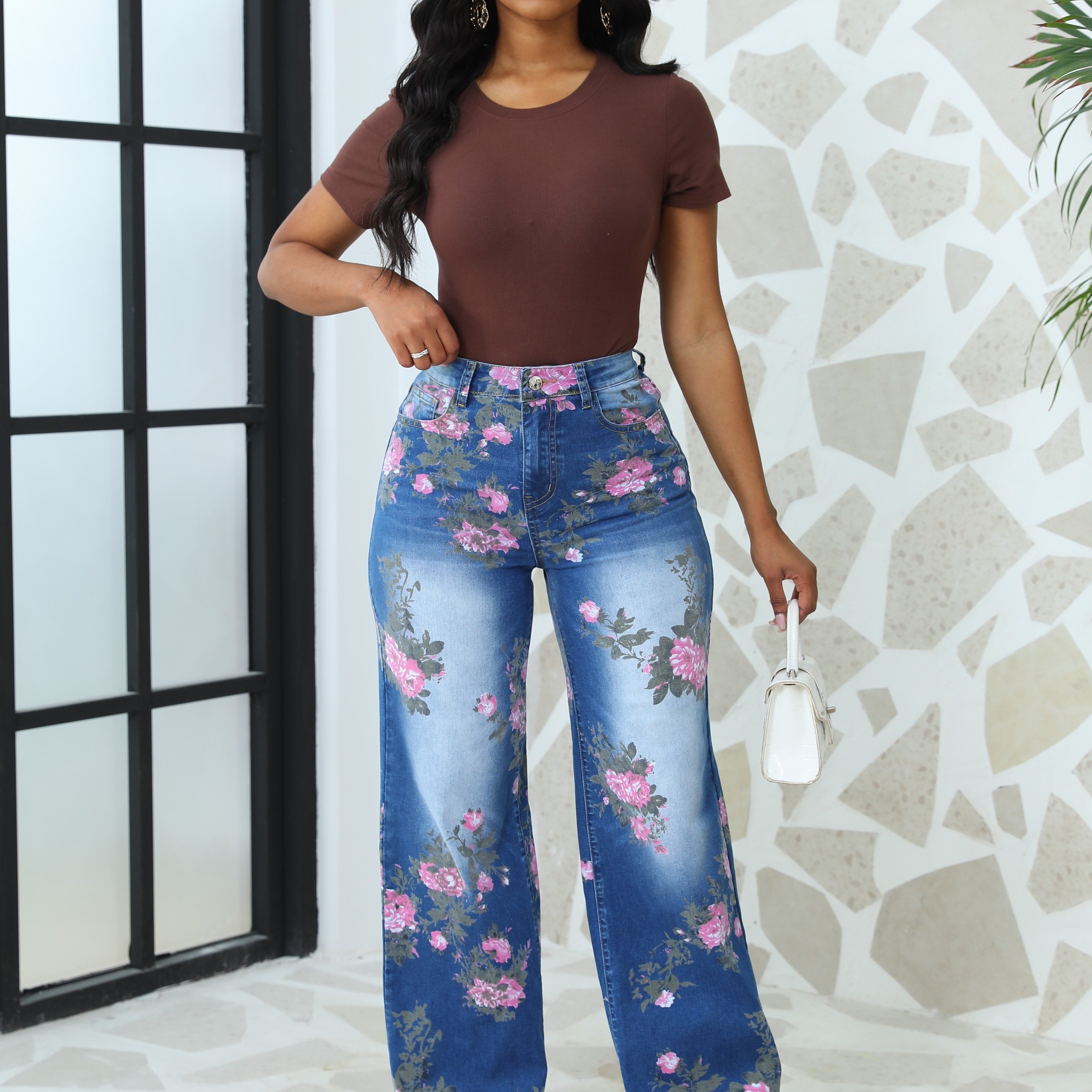 Image of Summer Autumn High-waist Floral Printed Tight Stretch Women's Denim Straight Floor-length Trousers