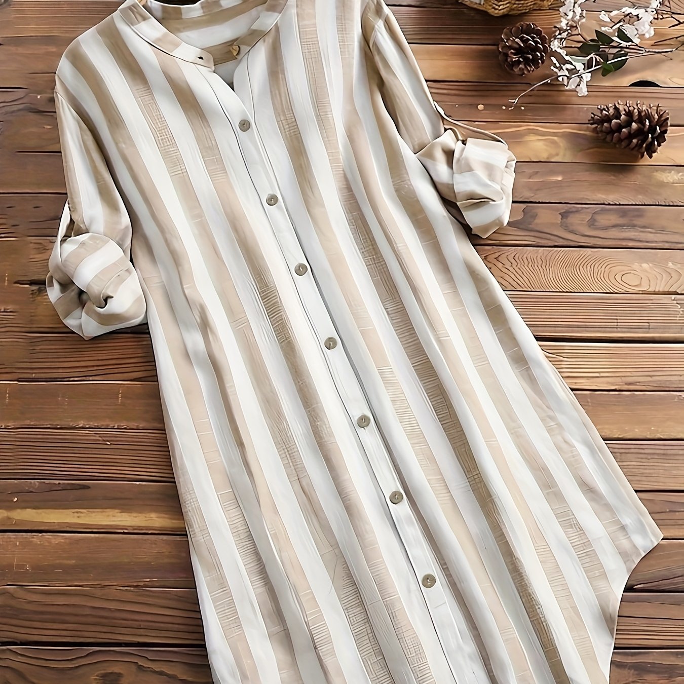 Image of Plus Size - Plus Size - Women's Shirt Blouse Striped Streetwear Basic Casual Long Sleeve Shirt Collar Daily Going Out Weekend Buttons Winter