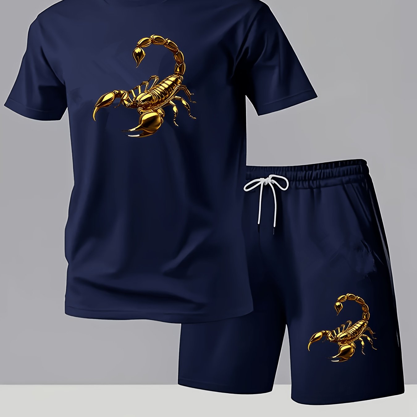 TEMU Golden Print Men's Fashion Casual 2pcs Set, Round Neck Short Sleeve T-shirt And Drawstring Shorts For Spring/summer Sportswear