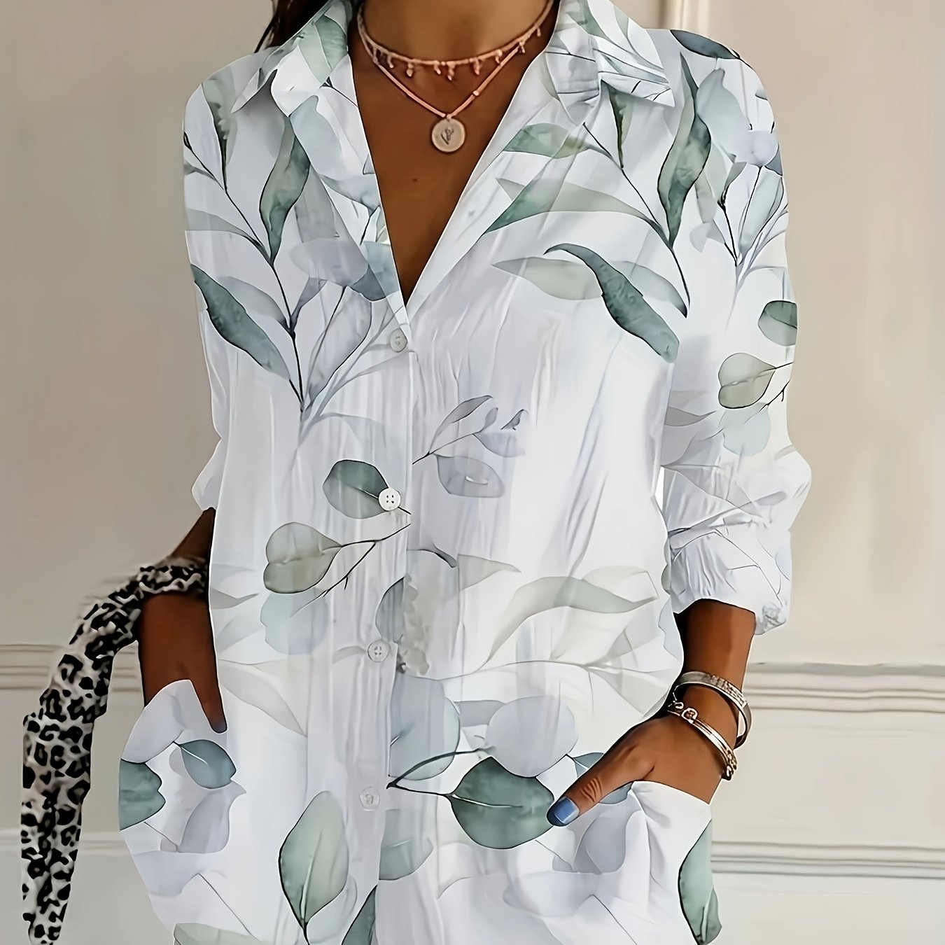 TEMU Chemise décontractée à manches longues et boutons pour femme - Motif élégant et frais de feuilles vertes, chemise à col pour les quotidiens et ,