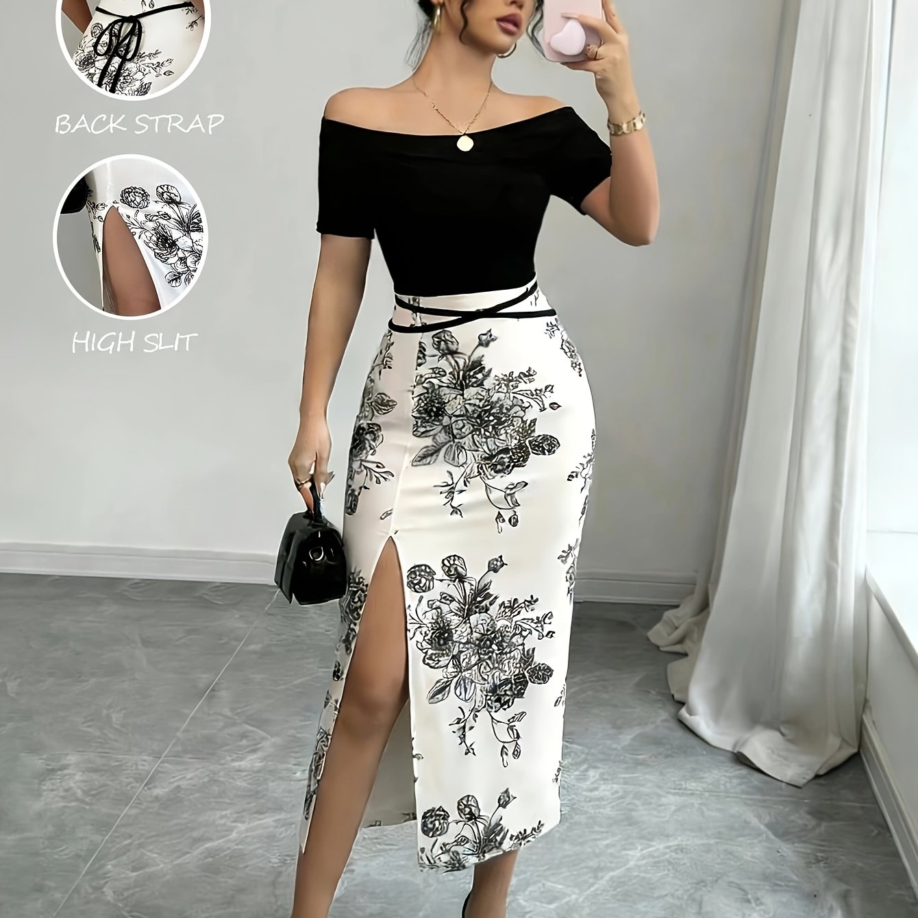 TEMU Women's Spring Summer Elegant Floral -shoulder Short Sleeve Off-shoulder Back Tie Bow Color Slit Fitted Bodycon Dress