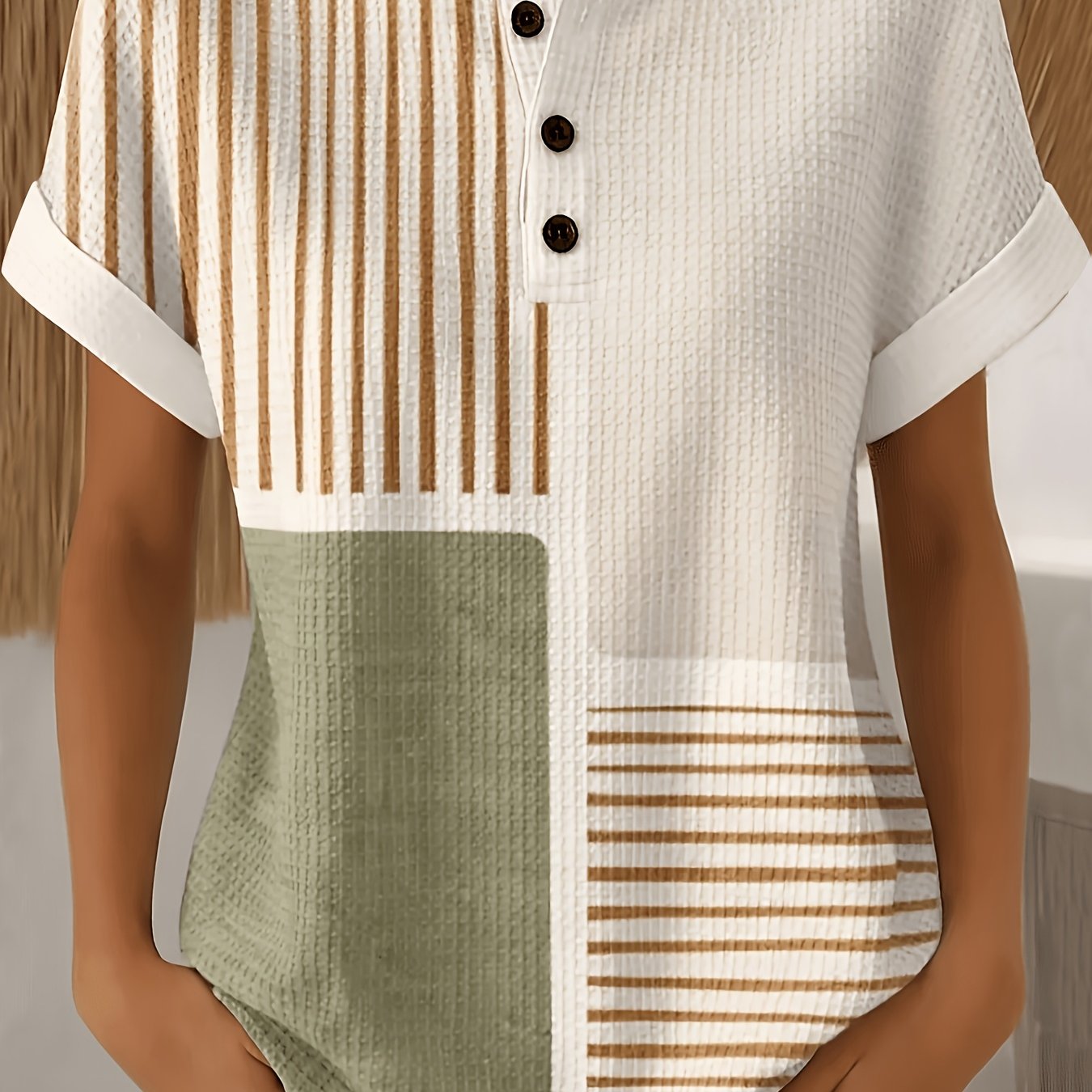 TEMU Plus Size, Plus Size Waffle Button-up Blouse Top - Short Sleeve Round Neck Striped Button-front Shirt, Machine Washable Summer Elegant Suitable