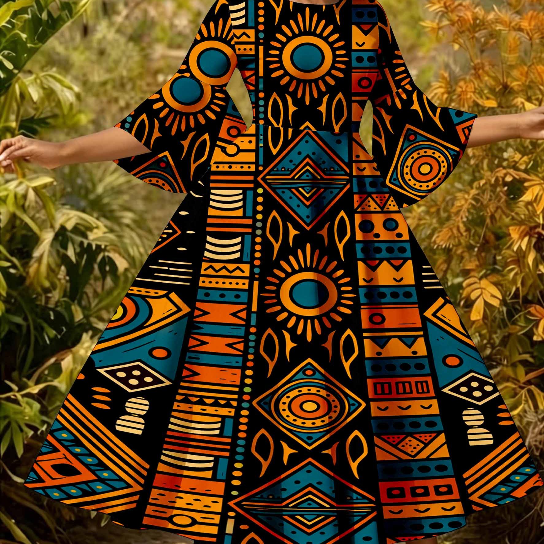 Plus Size, 1pc Women's African Tribal Geometric Print Aline Dress?? Flared Bell Sleeve High Waist Long Dress?? Boho Ethnic Style Casual Party Dresses