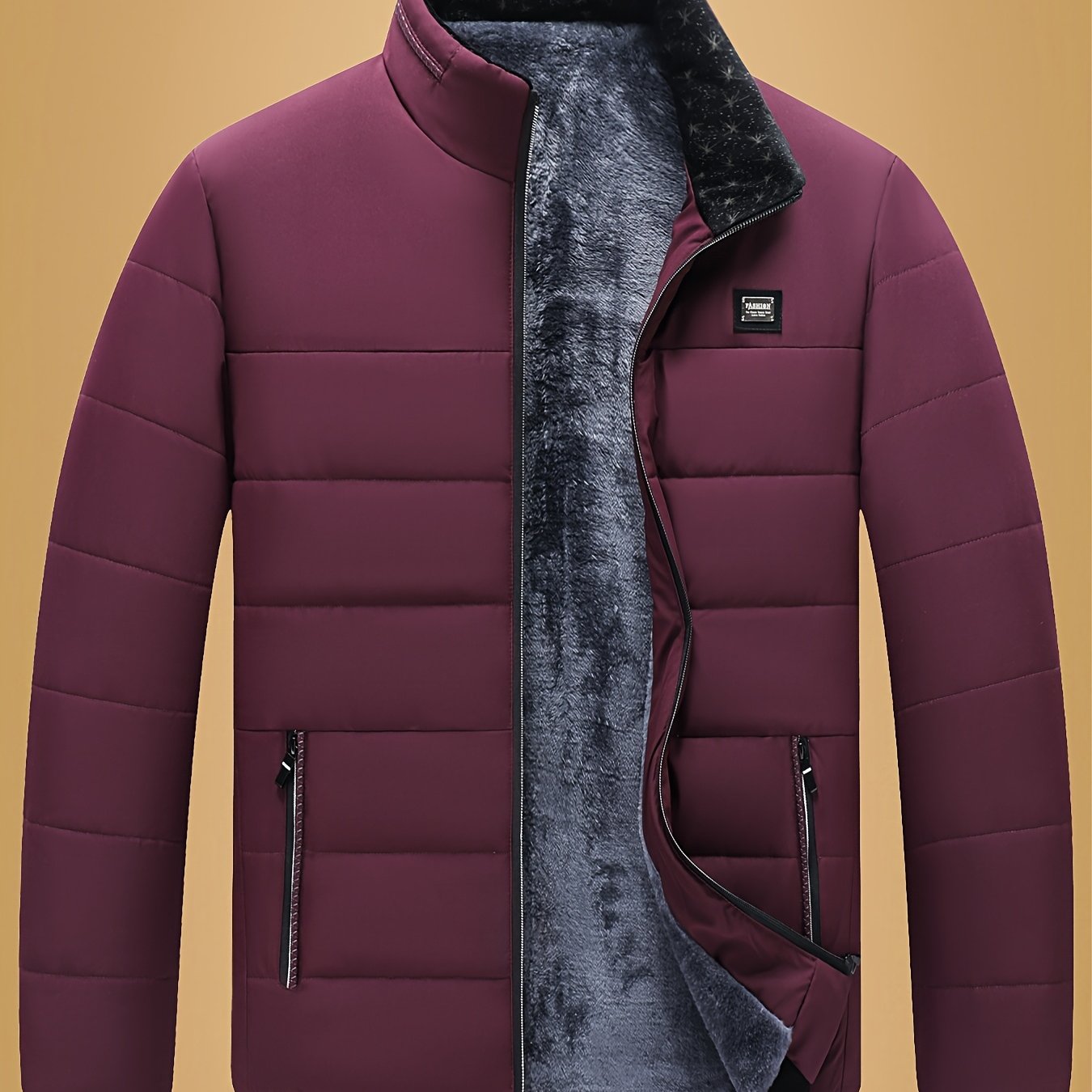TEMU Men's Fashionable Casual Warm Jacket | Stand Collar, Filled, Solid Color With Pockets, Regular Fit - Ocean Brand