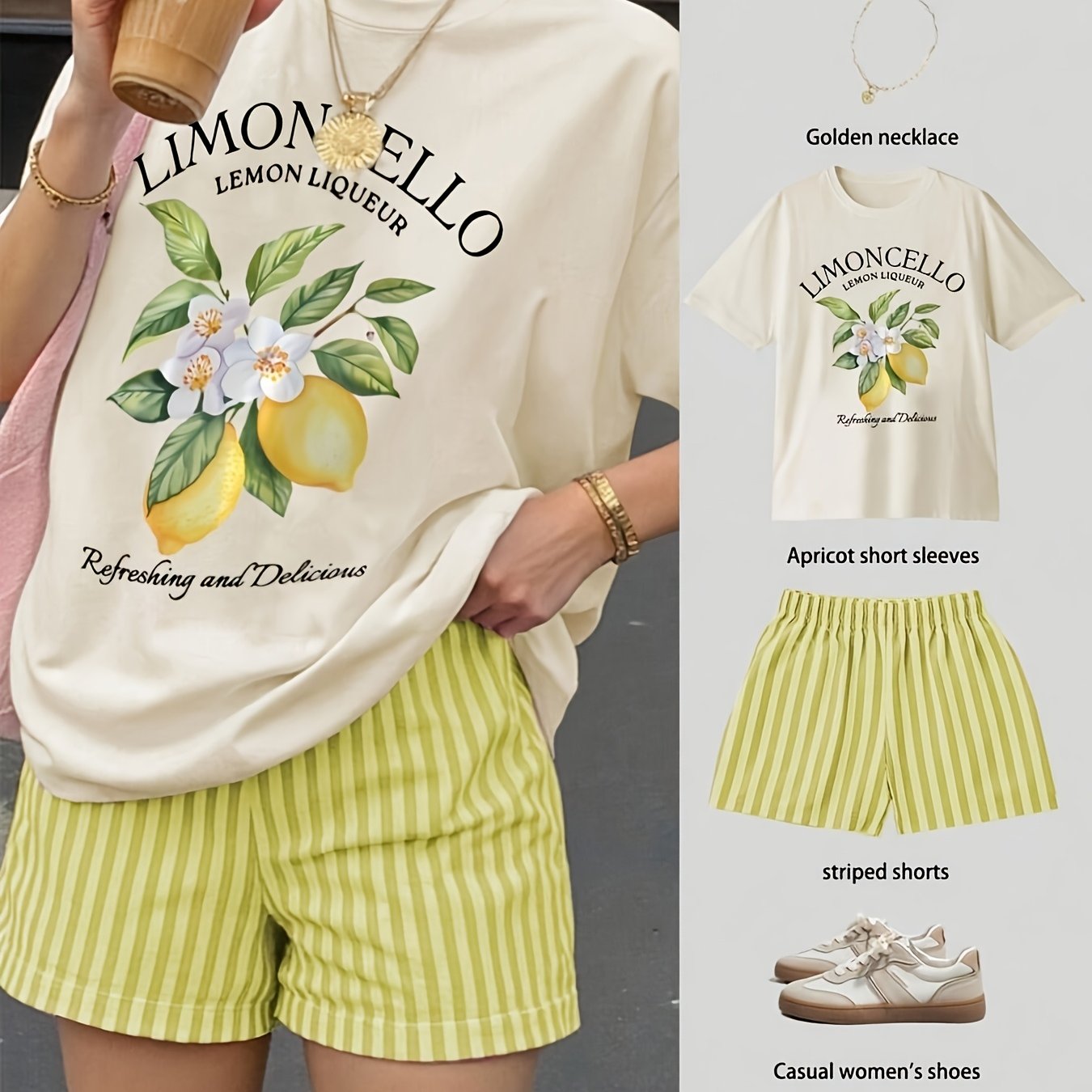 TEMU 2pcs Set Summer Women's Outfit Casual Lemon Print T-shirt And Elastic Waist Striped Shorts Summer Style Home Suitable For Outdoor Wear