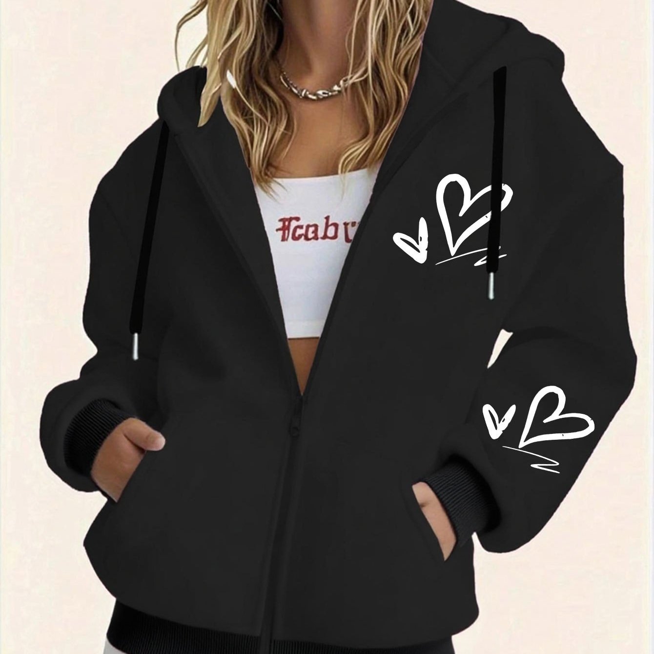 TEMU Women's Cozy -lined Hooded Zipper Sweatshirt With Heart Print, Long Sleeve Pocket Hoodie - 100% Polyester Winter Warm Sweater, Casual Winter