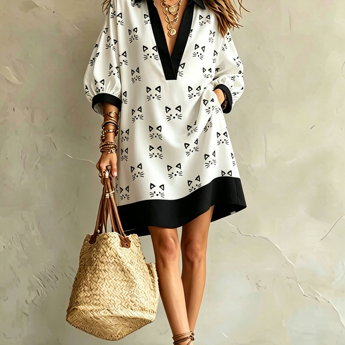 Image of Women's Summer Dress, Print Contrast Lapel Loose , Casual , Comfortable Breathable Drapey Fabric Hides Figure , Perfect For Daily Beach Vacations Shopping Commuting, Trendy Relaxed