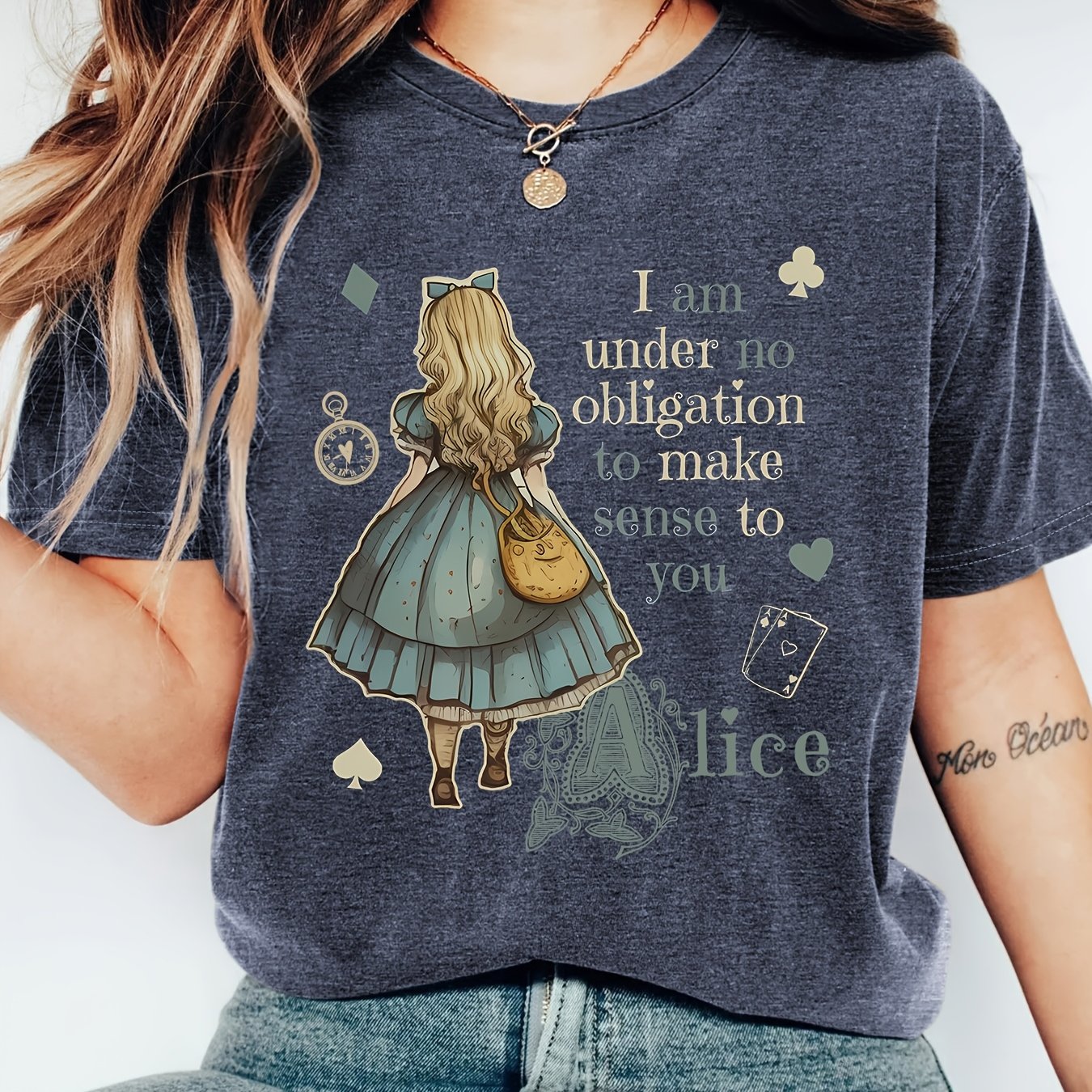TEMU Alice "i Am Under No Obligation" Print Spring/summer Daily Casual Versatile T-shirt, Elegant Women's Casual , Sporty Trendy Versatile Design,