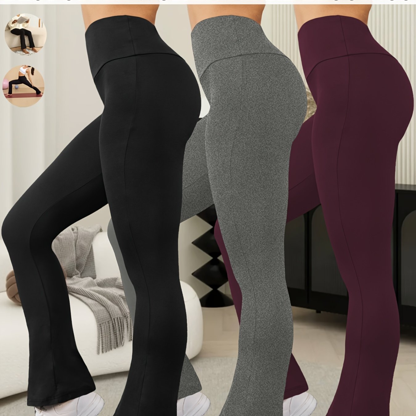 Image of 3pack Women' Soft High Waisted Flare Pants, Leggings Tummy Control Soft Bootleg Bell Bottoms
