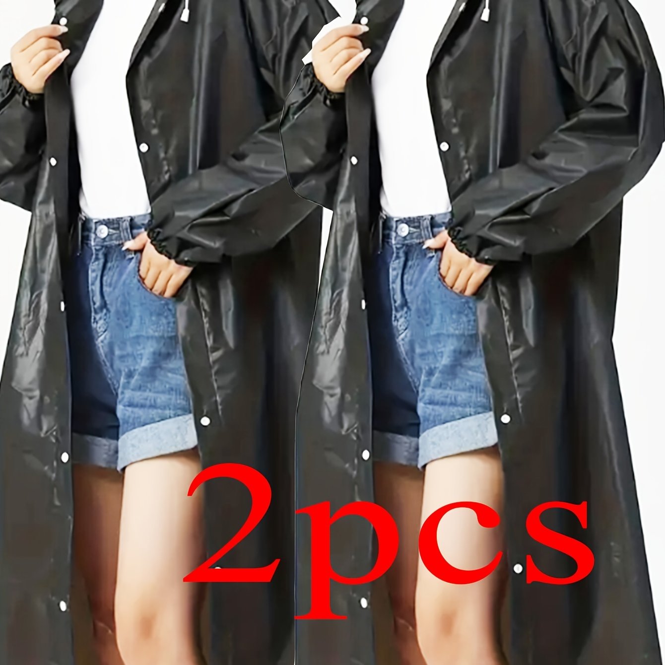 Image of 2 Thick Black Outdoor Leisure Hiking Raincoats, Windproof And Eva Thick Full -piece Raincoat For Travel, Outdoor Cycling, Portable Raincoat, Drawstring, Hiking, Portable Adult Women's Raincoat
