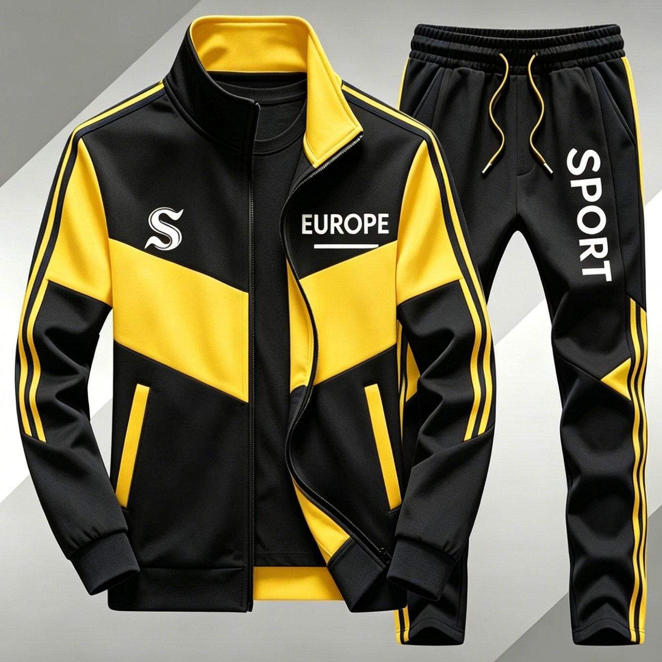 Image of Men's Europe Sport Letter Print 2pcs Tracksuit, Black Block Zip Mock Neck Jacket & Side Stripe Elastic Joggers, Relaxed Lightweight Outfit For Gym Fall