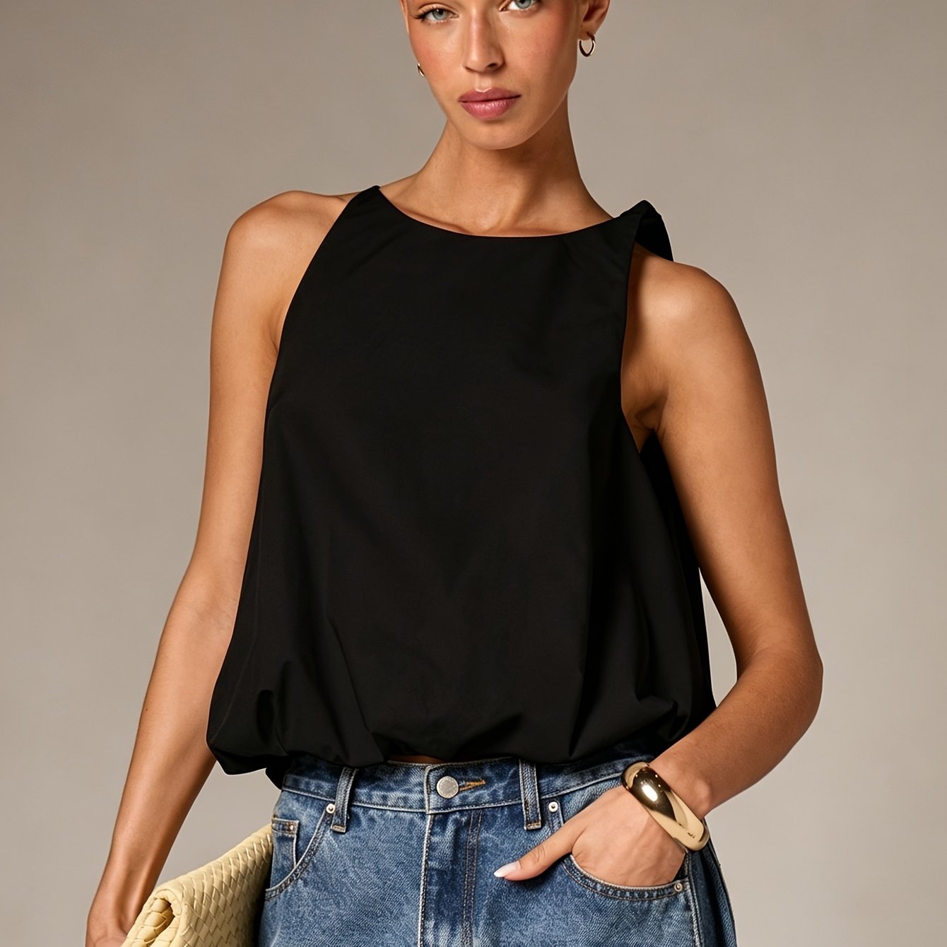 TEMU Women's Sleeveless Lantern Hem Vest, Summer Casual Loose Round Neck Lightweight Breathable Top