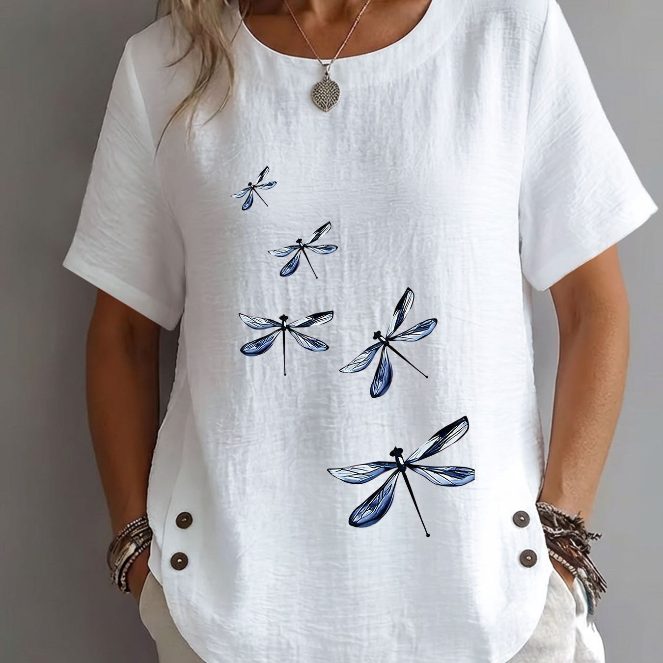 TEMU Spring/summer Women's Top, Ink Wash Style, Dragonfly Wings Print, Elegant, Mature, Casual, Round Neck, Short Sleeve, Women's Clothing