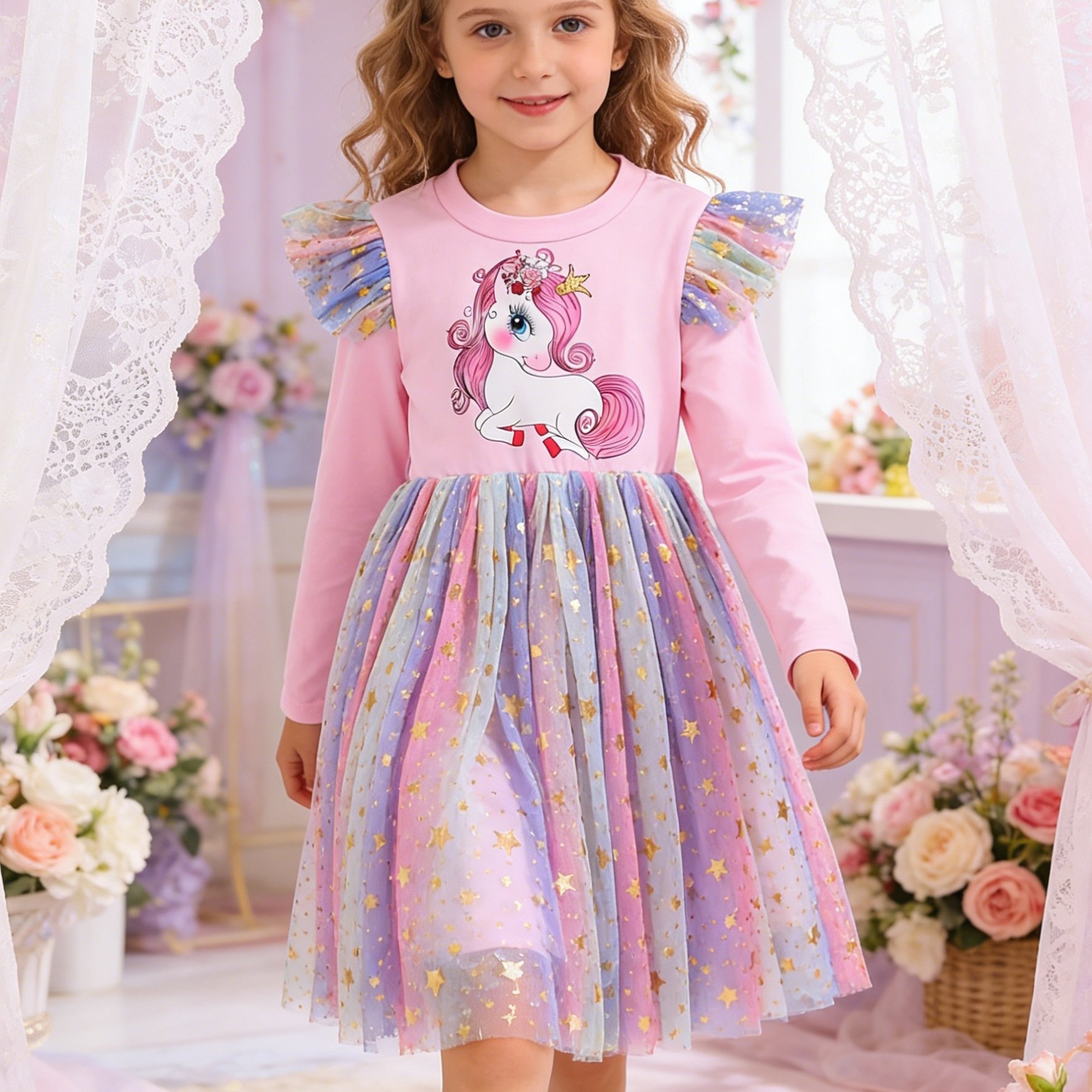 Image of Girls Spring Autumn New Shoulder Long Sleeve Chest Cartoon Unicorn Print Dress Hem Iridescent Mesh Skirt Fashion Casual Outing Dress
