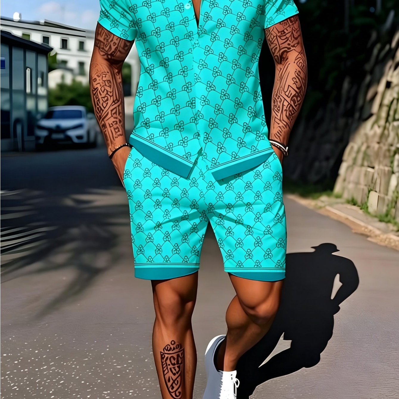 Image of Men's 2pcs Set: Stylish Casual Trendy Outfit, Featuring Collar And Printed Design, Adult Size. Very Suitable For Casual Wear And Sports Activities