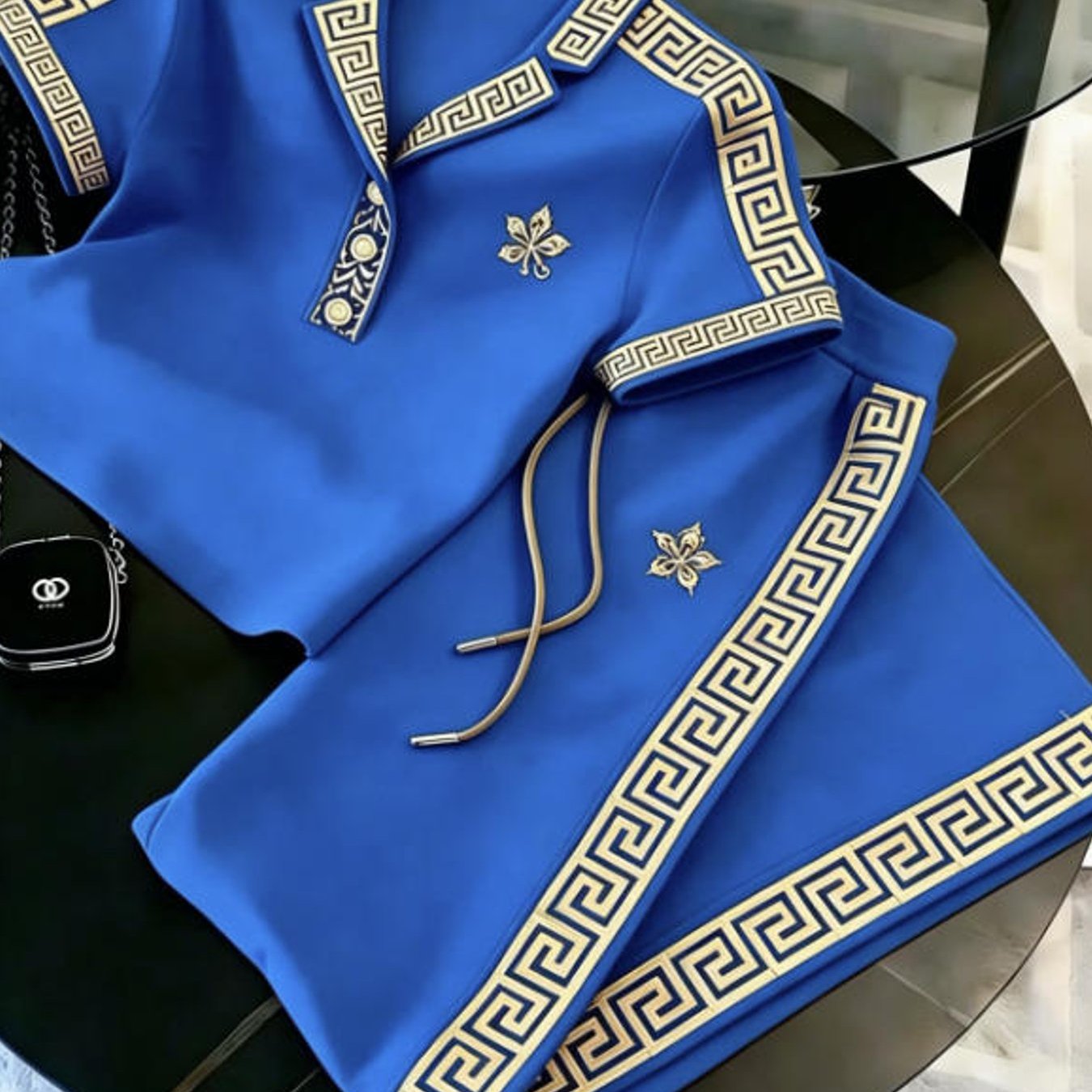 Image of Plus Size Men's Clothing Style Trendy Greek Key Pattern Shirt Set For Adult Men Holiday Gift Daily Wear