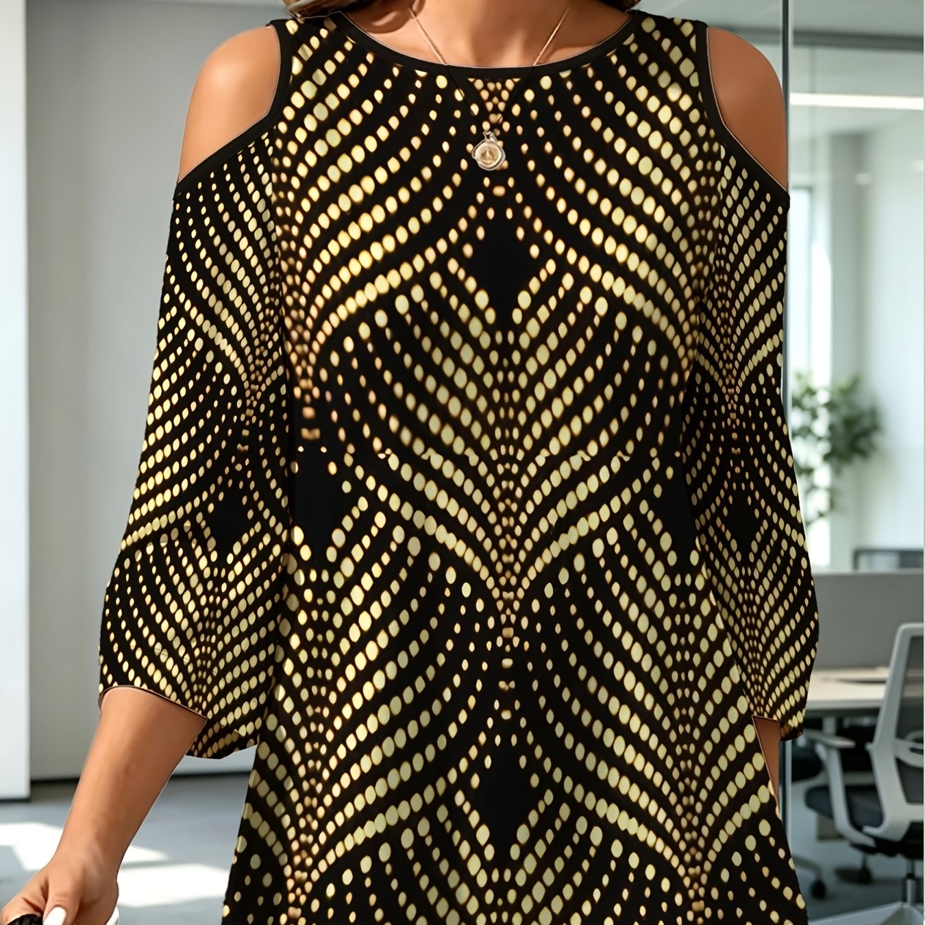 TEMU Women's Summer Fashion Off-shoulder Three-quarter Sleeve Top, Black With Golden Diamond Polka Dots, Light Luxury Three-quarter Sleeve T-shirt.