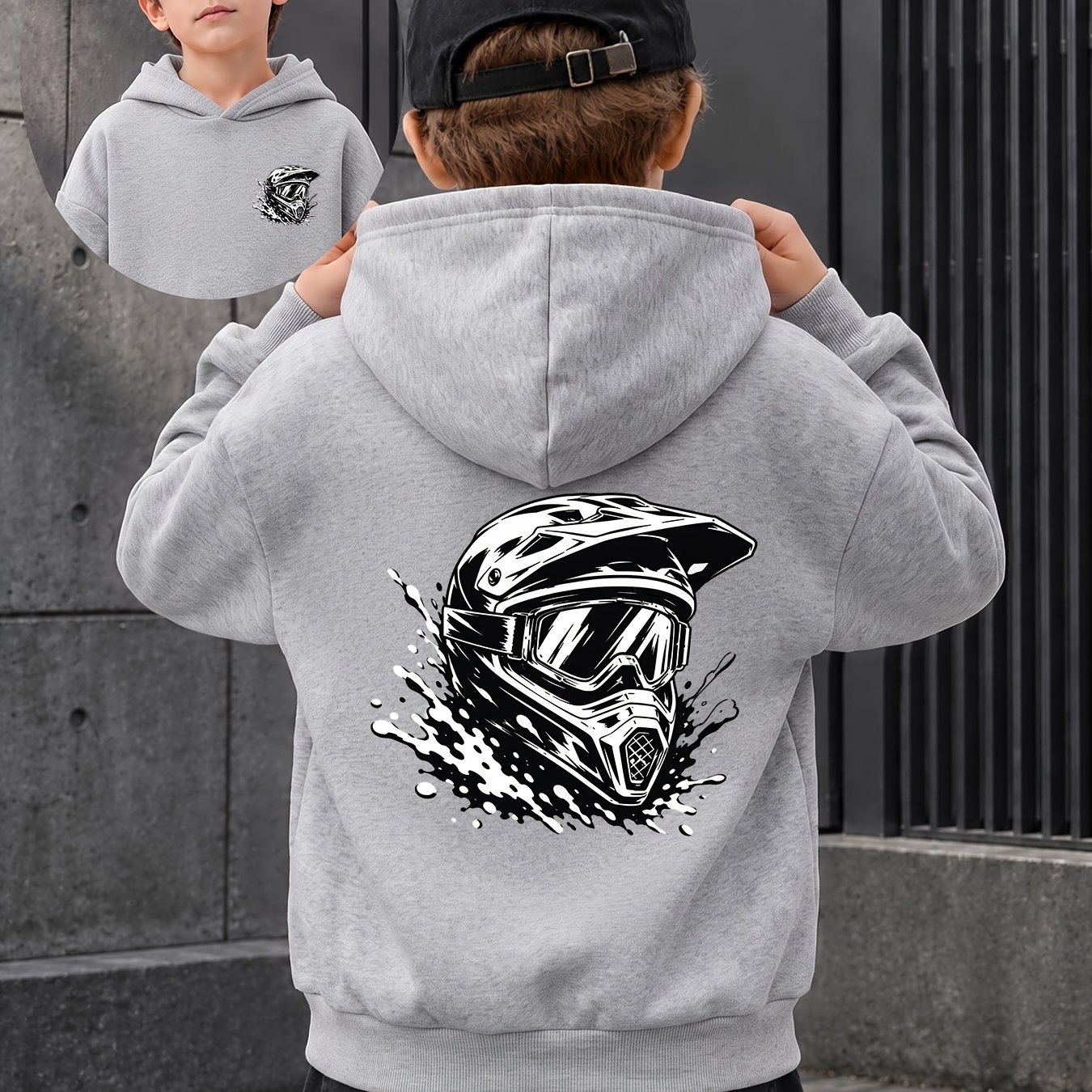 Image of Boys' Autumn And Winter Soft Terry Hooded Sweatshirt, Stylish Ink-style Off-road Helmet Creative Exquisite Printing On Sides, Versatile Top, Suitable For Boys' Running, Walking, And Outdoor Activities