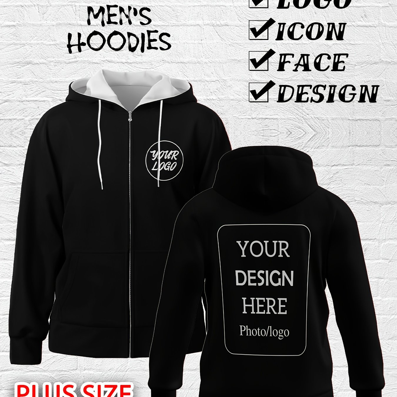 TEMU Custom Men's Zip Hoodie - Personalized Front Design, Full Zipper Closure Fitness Running Casual Wear Spring And Autumn Clothing, Front Pocket