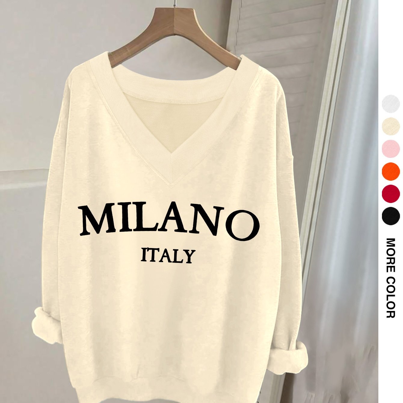 TEMU 0913 Wild Mugwort, A Casual V-neck Long-sleeved Sweatshirt, Letter Print, Long-sleeved T-shirt, Long-sleeved Top, Fashionable Women's Top