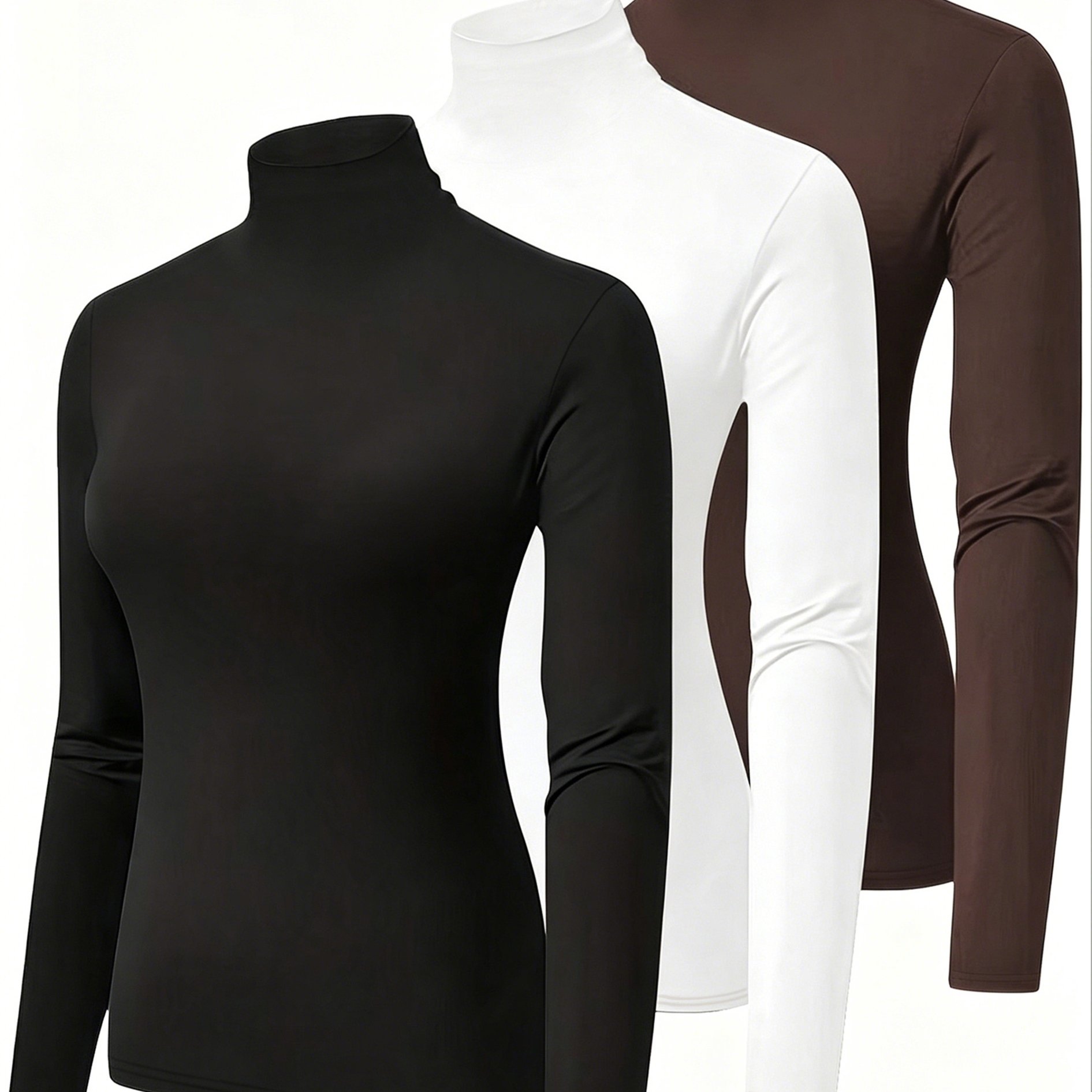 TEMU Lot de 3 hauts de base à manches longues et col montant pour femmes, extensibles et doux pour , coupe slim, chauds et ajustés, chemises intimes
