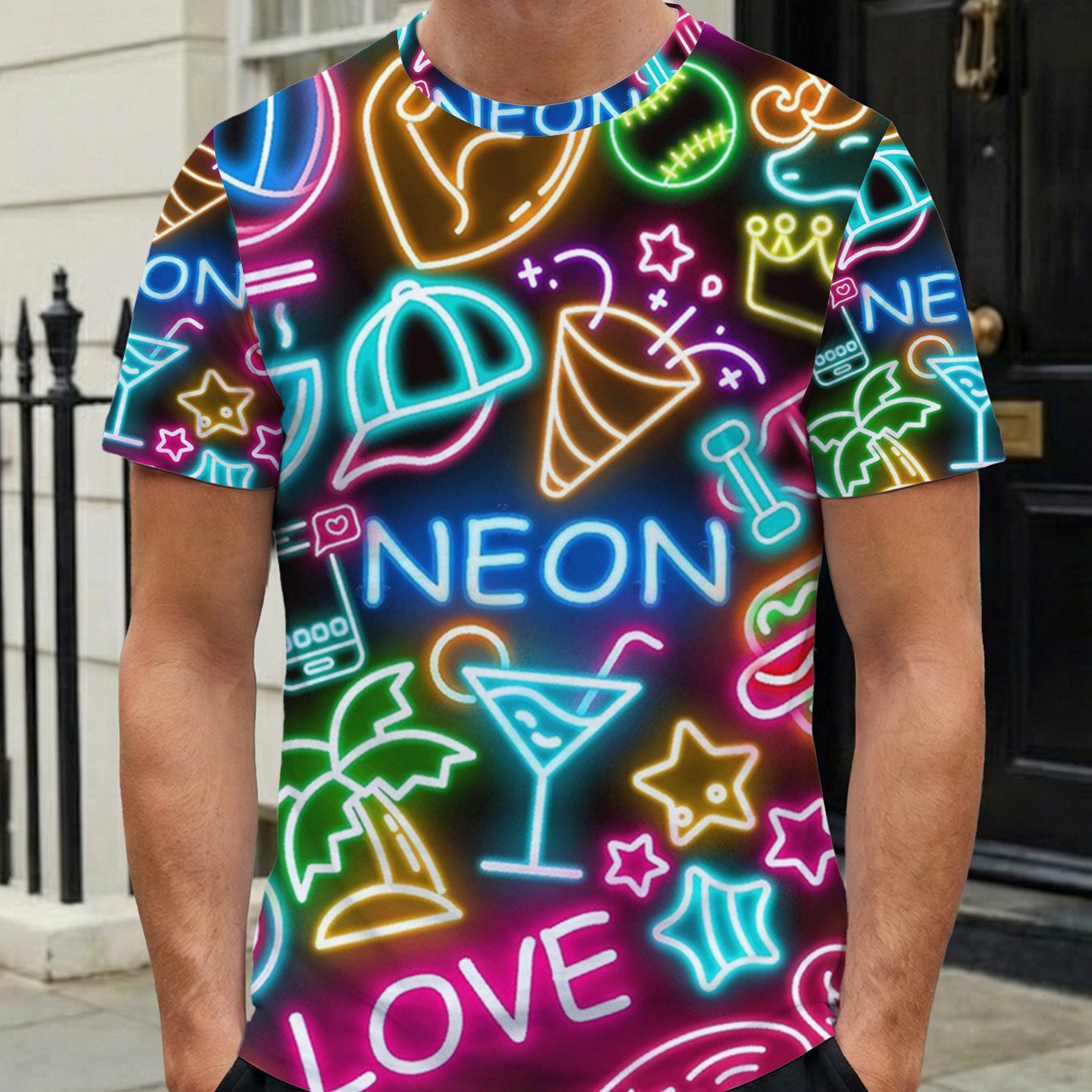 TEMU [printed Design Not Textured] Men's Sporty Casual T-shirt Neon Love Bang Bang Glow Sleeve Shirt For Parties Casual Attire Gifts Ideal For Style