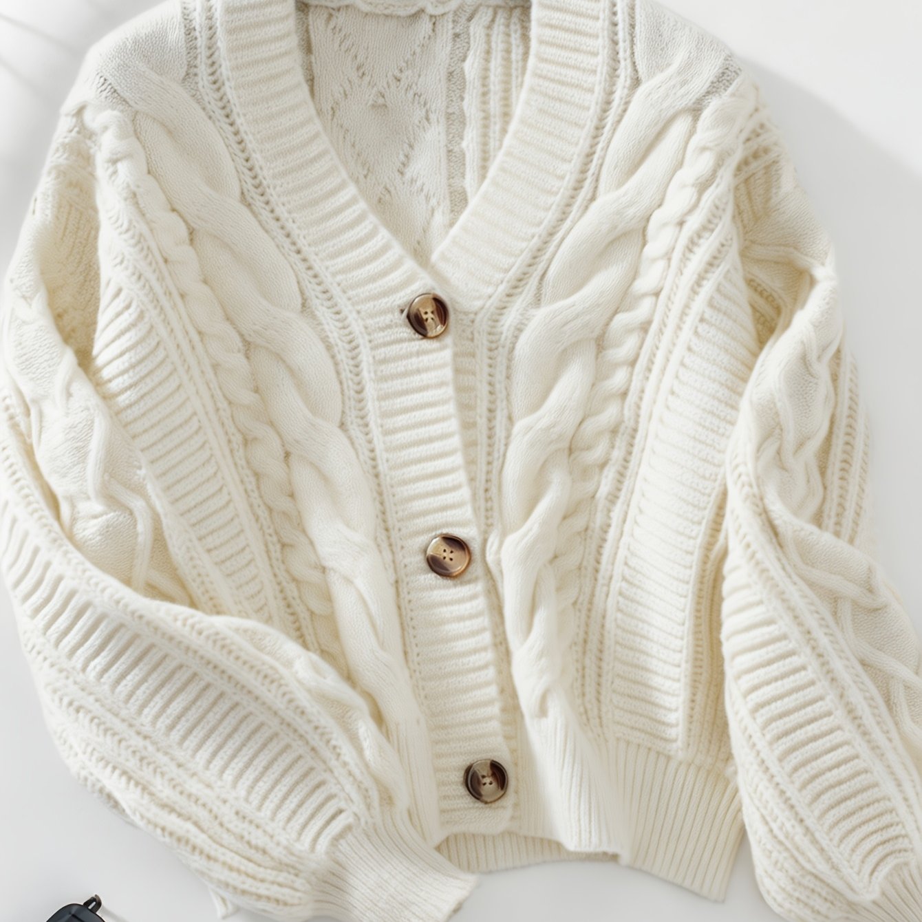 TEMU New European And Loose Button-front Cardigan Sweater Jacket, V-neck Vintage Solid Color Cable Cardigan For Women, Autumn/winter, Relaxed Style
