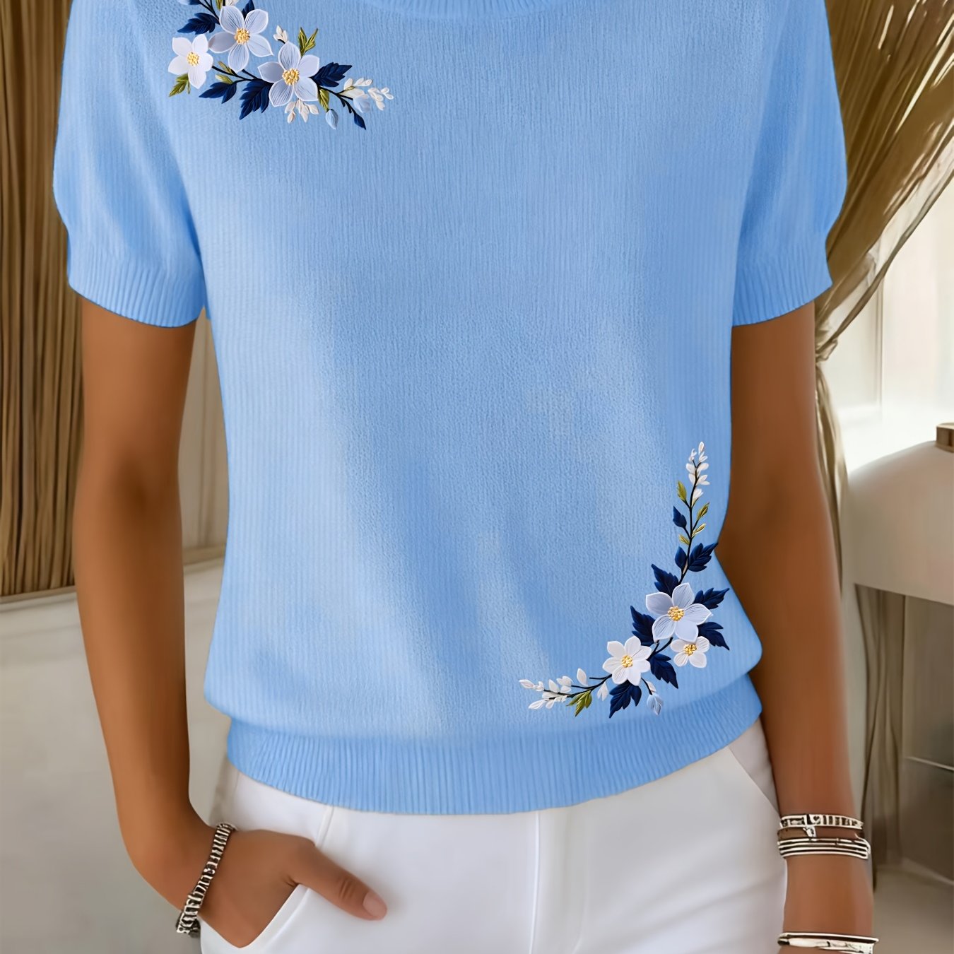 TEMU Printing Design - No Women's Fashion Short-sleeve Sweater With Round Neck, Printed With 2d Pattern, Suitable For Spring, Summer, And Autumn,