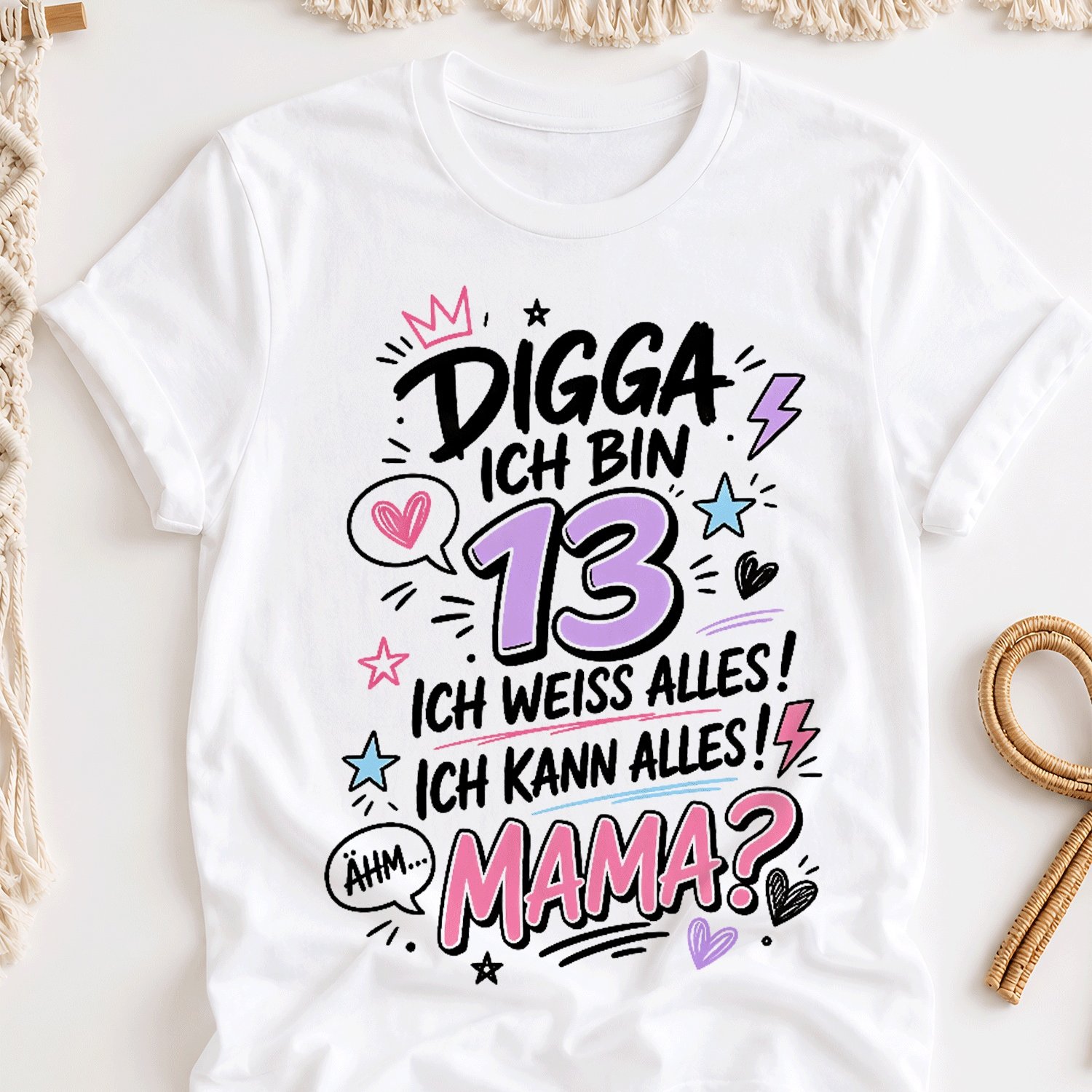 Image of Cute Teen 13th Birthday German Saying Doodle Style Overseas Printing Y2k Oversized Unisex T-shirt For Men Women Retro 2000s Streetwear Baggy Graphic Tee