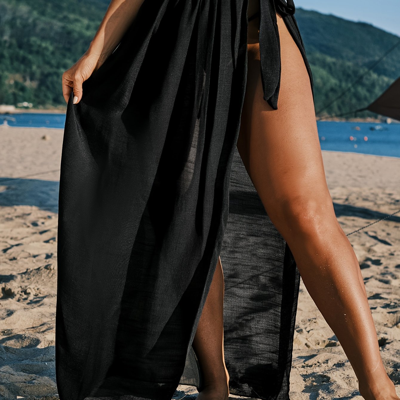 Solid Black Melanin Conservative Summer Beach Vacation Long Side-slit Gauze Wrap Dress For Women