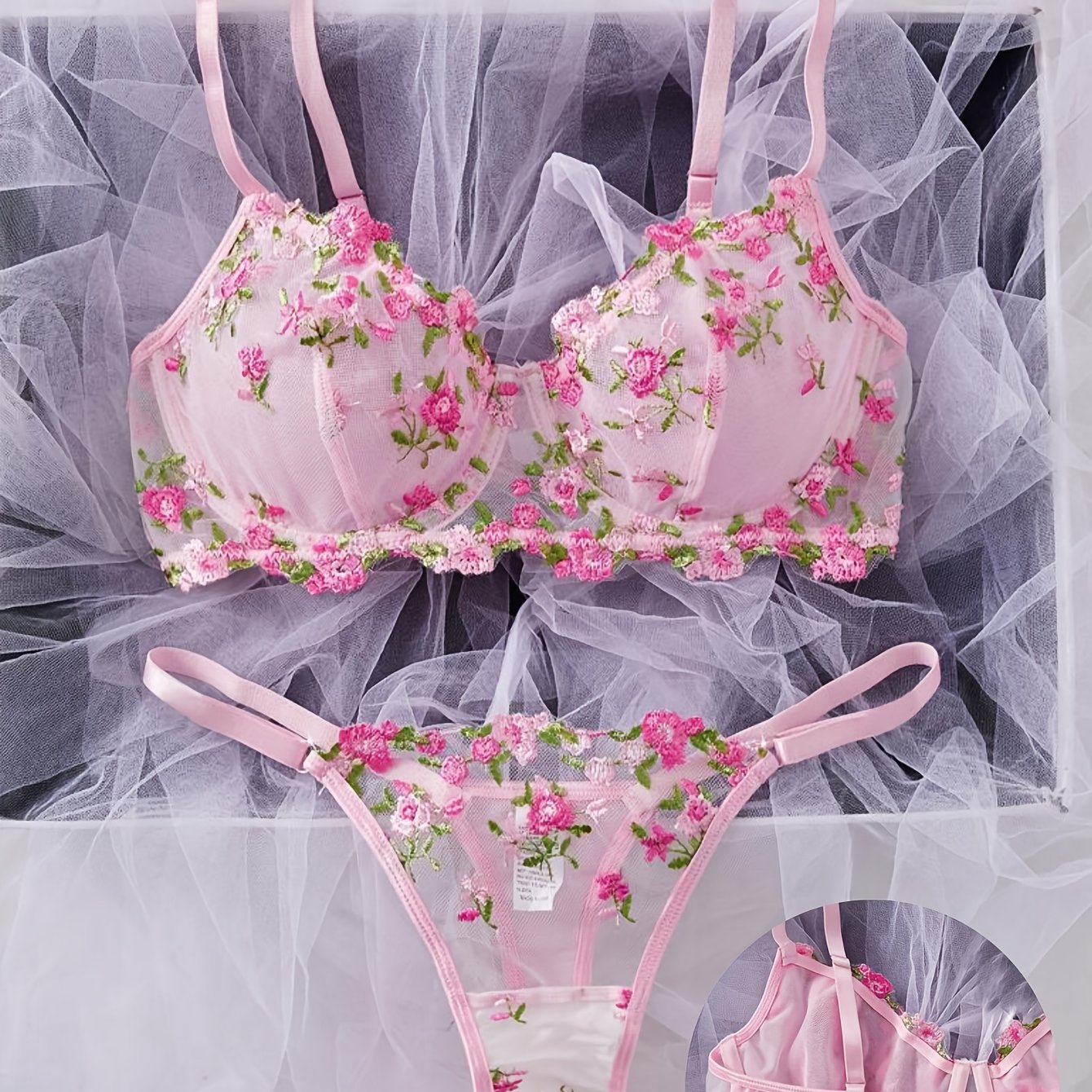 Image of Floral Embroidery Bra Set, Romantic Translucent Gathered Sexy Lingerie Set