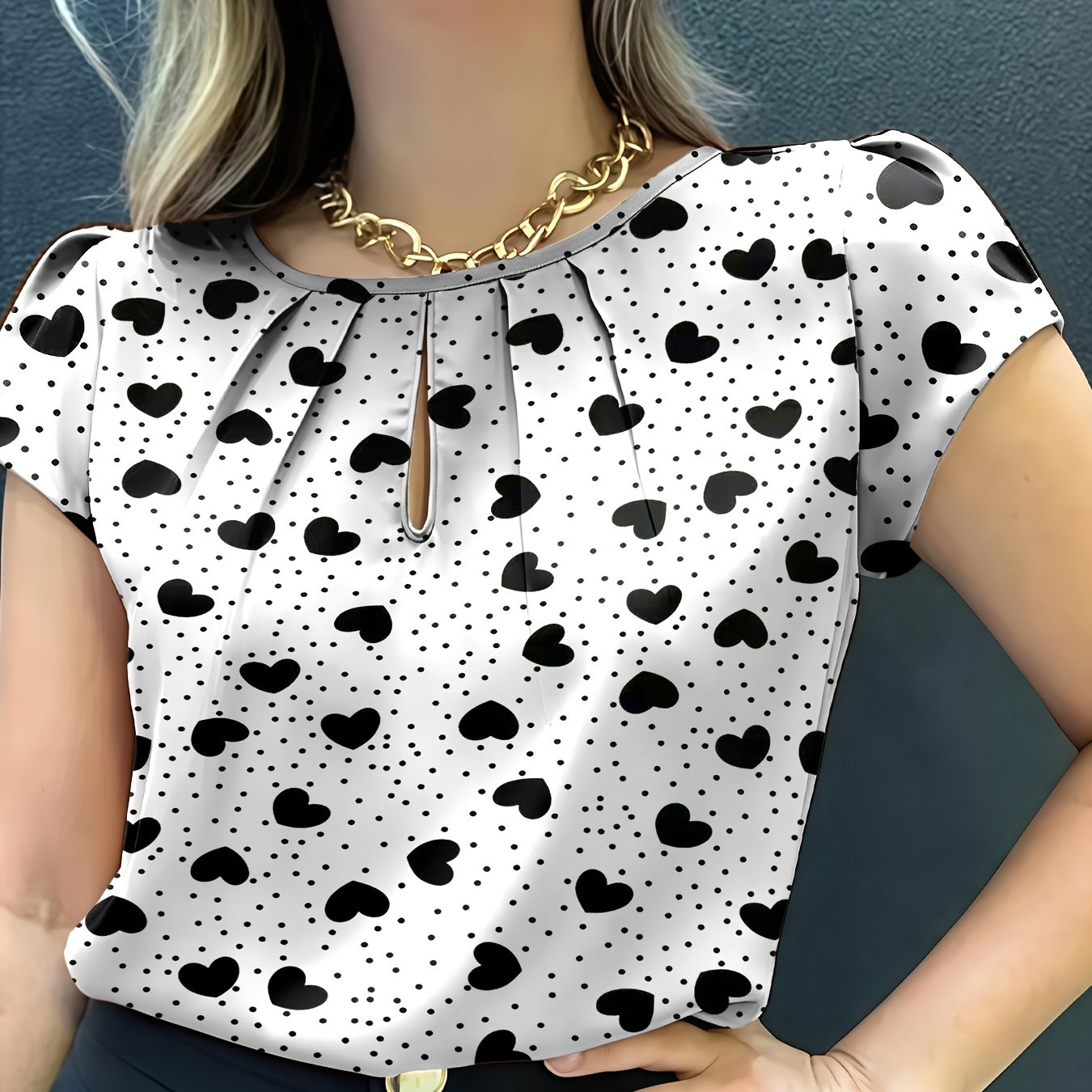TEMU Women's Fashion Casual Loose Heart Print Short Sleeve Shirt