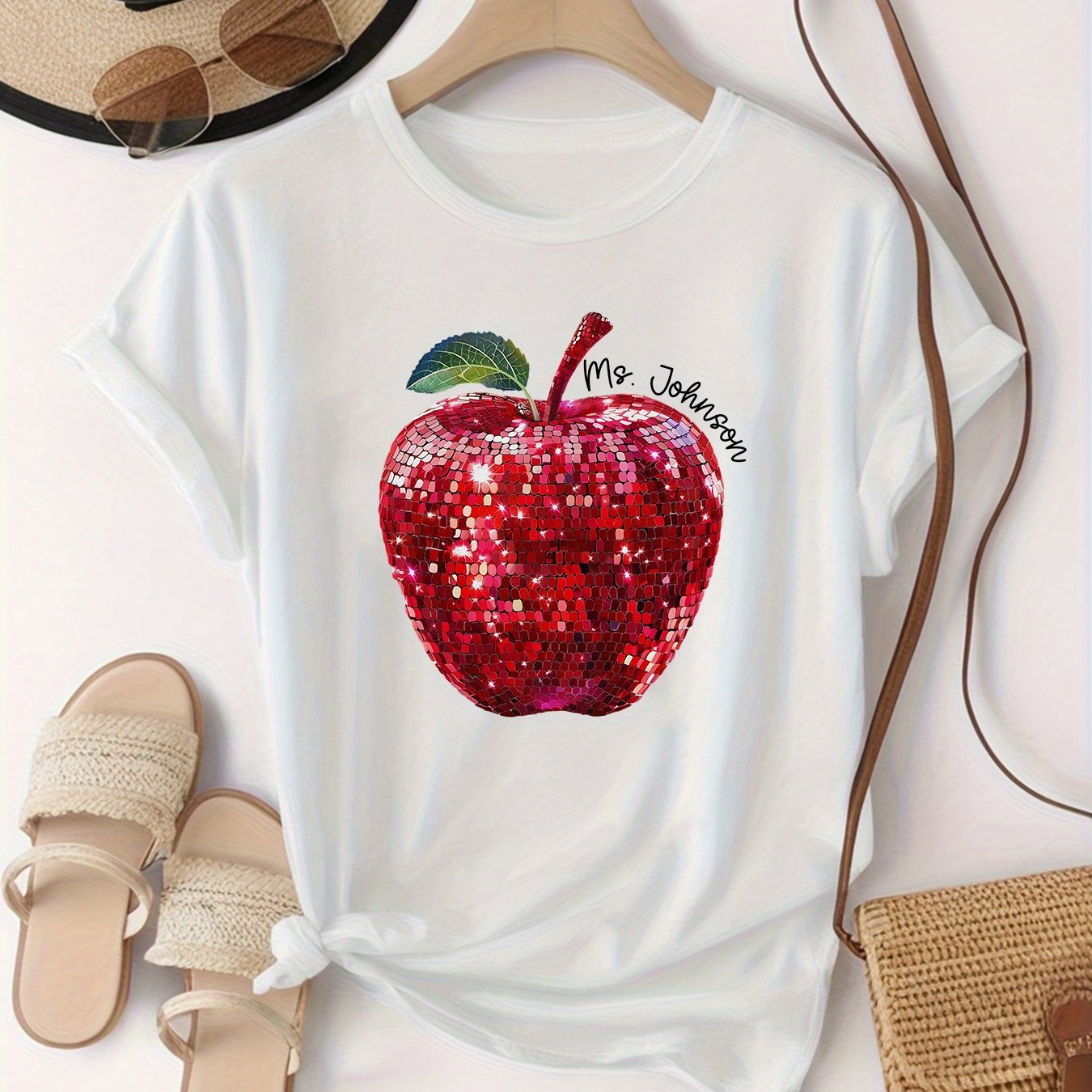 TEMU Red Pattern, And Summer Women's Soft Round Neck Short Sleeve T-shirt, Fashionable And Versatile, , Machine Washable